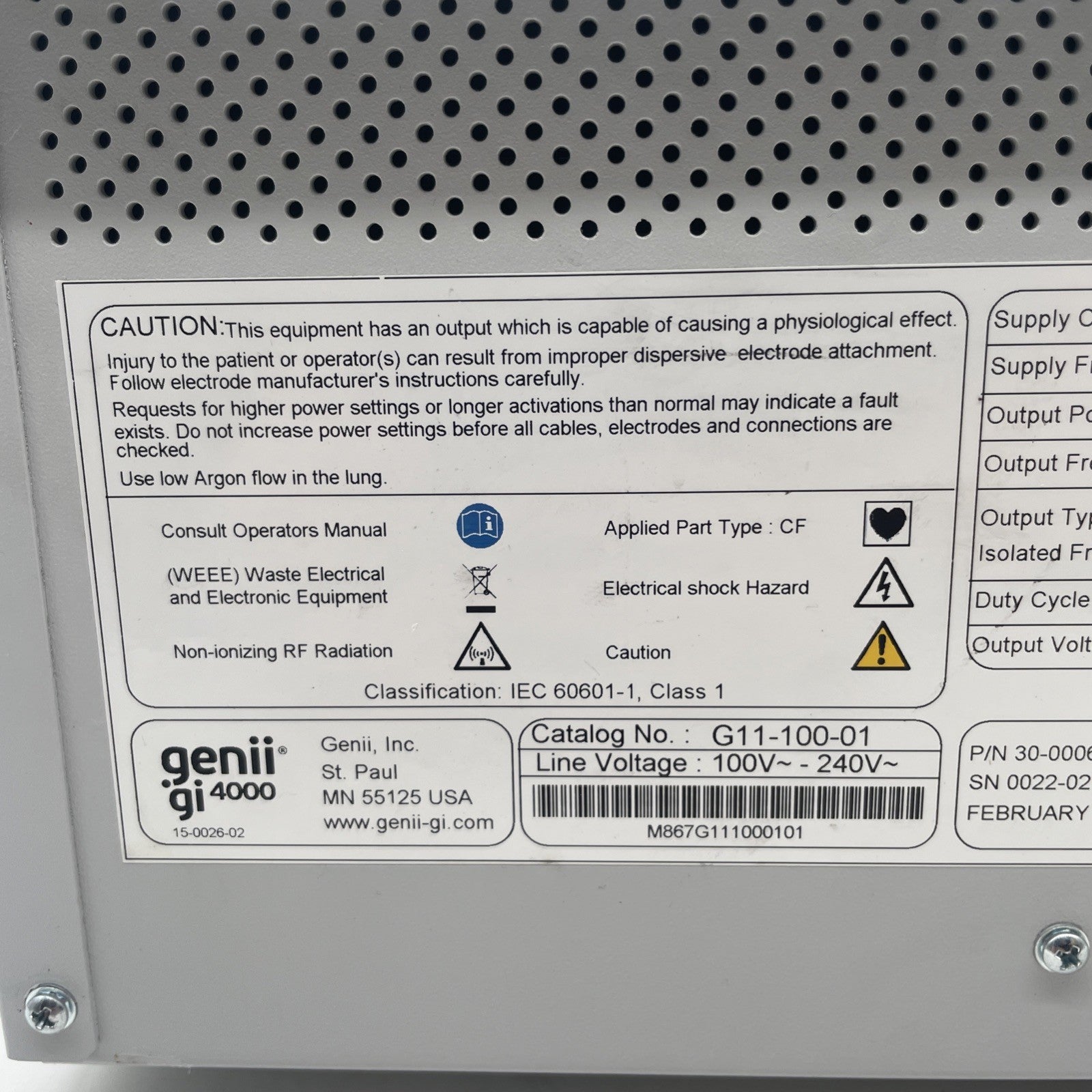 Genii Gi 4000 ESU Electrosurgical Unit Console (REF: G11-100-01) 30 Day Warranty