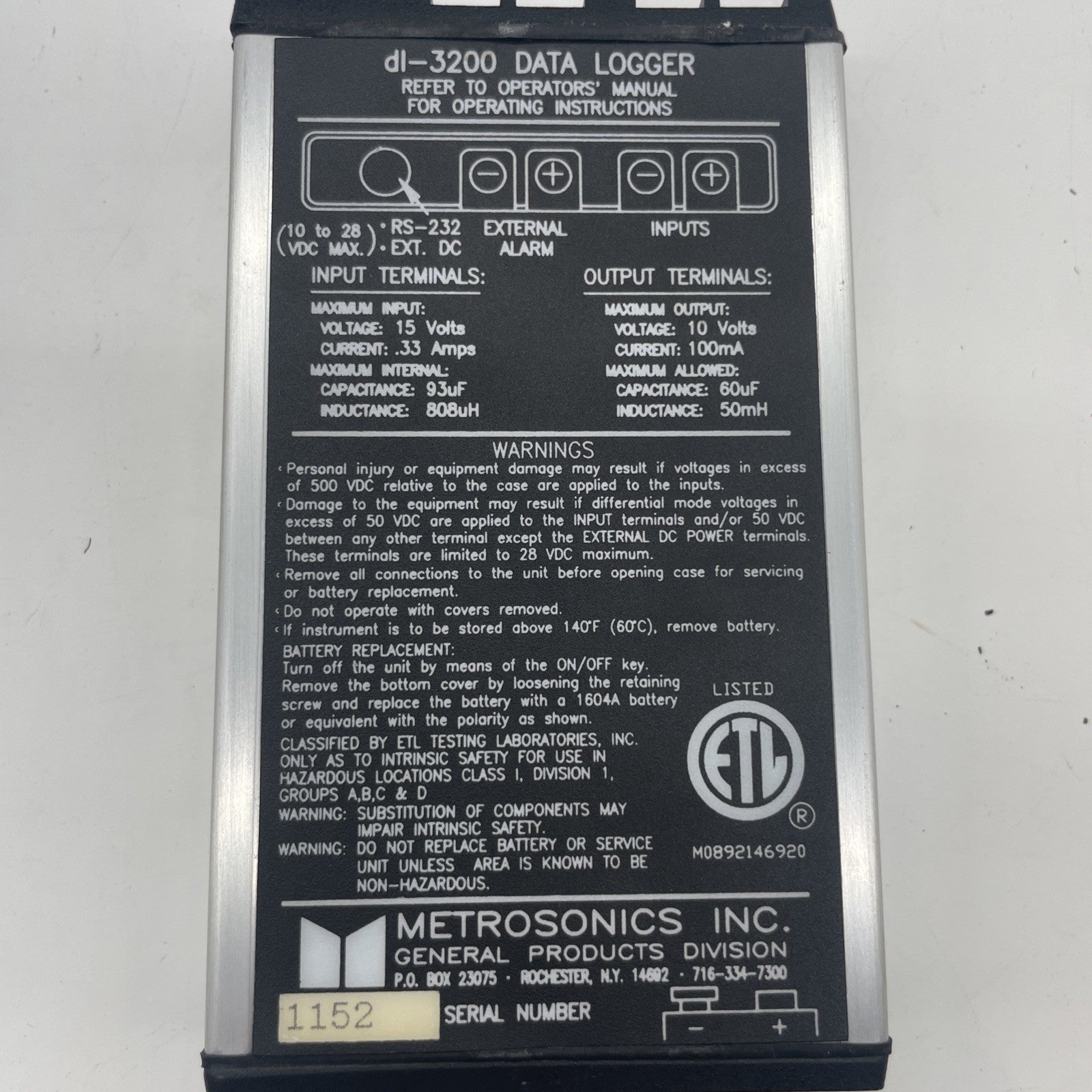 Metrosonics DL-3200 Data Logger