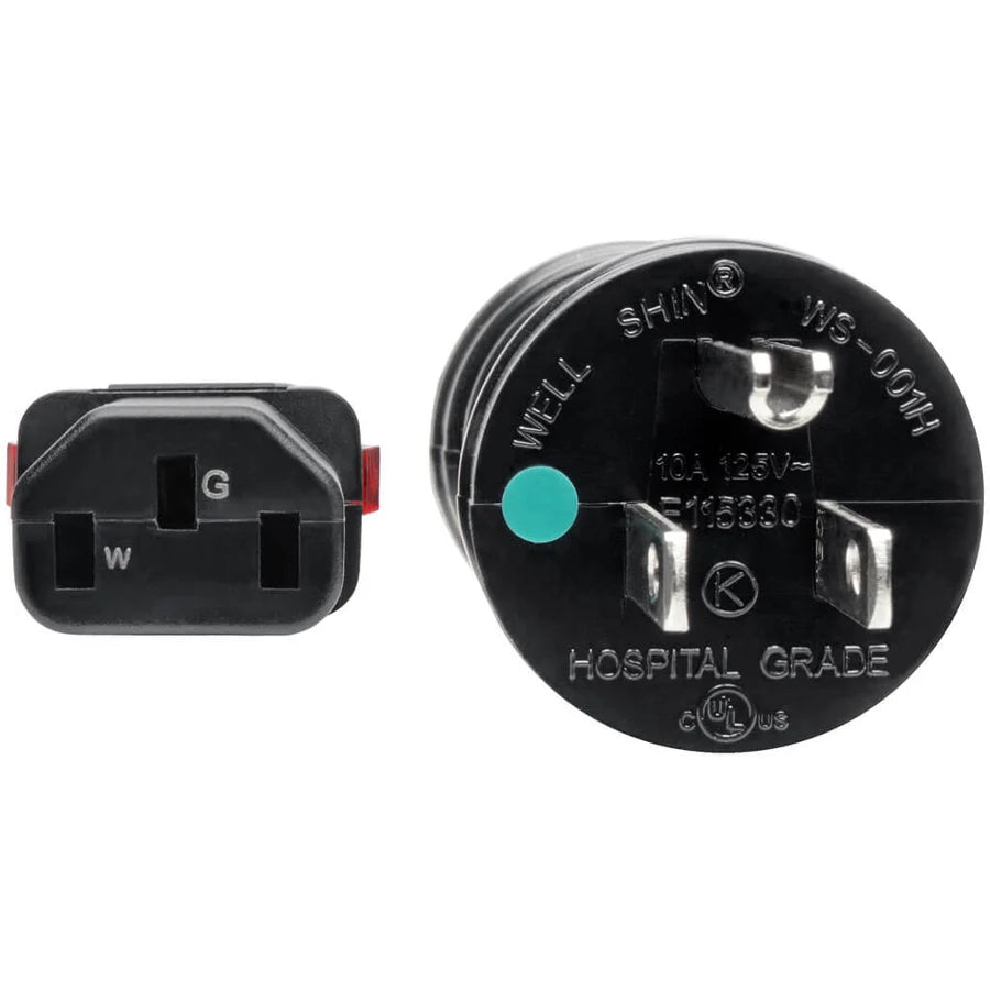 Eaton Tripp Lite Series Hospital-Grade Power Cord, NEMA 5-15P to Locking IEC C13 - Green Dot, 15A, 125V, 14 AWG, 25 ft. (7.62 m), Black