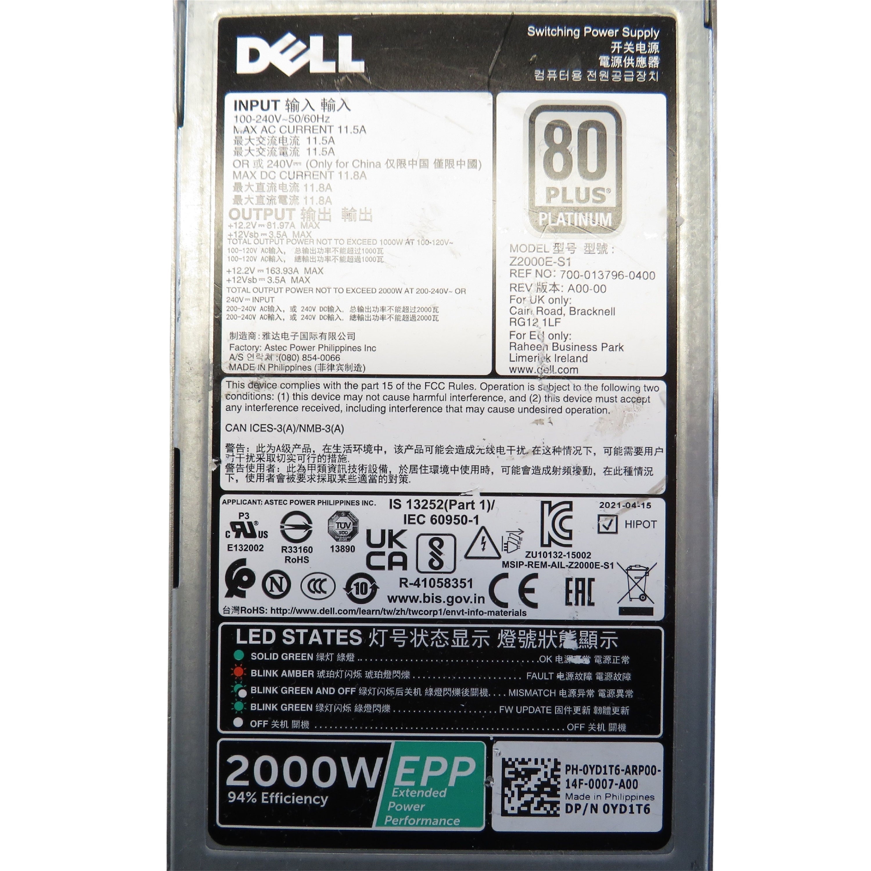Dell YD1T6 2000W PowerEdge R640 R740 Server Power Supply (Refurbished)