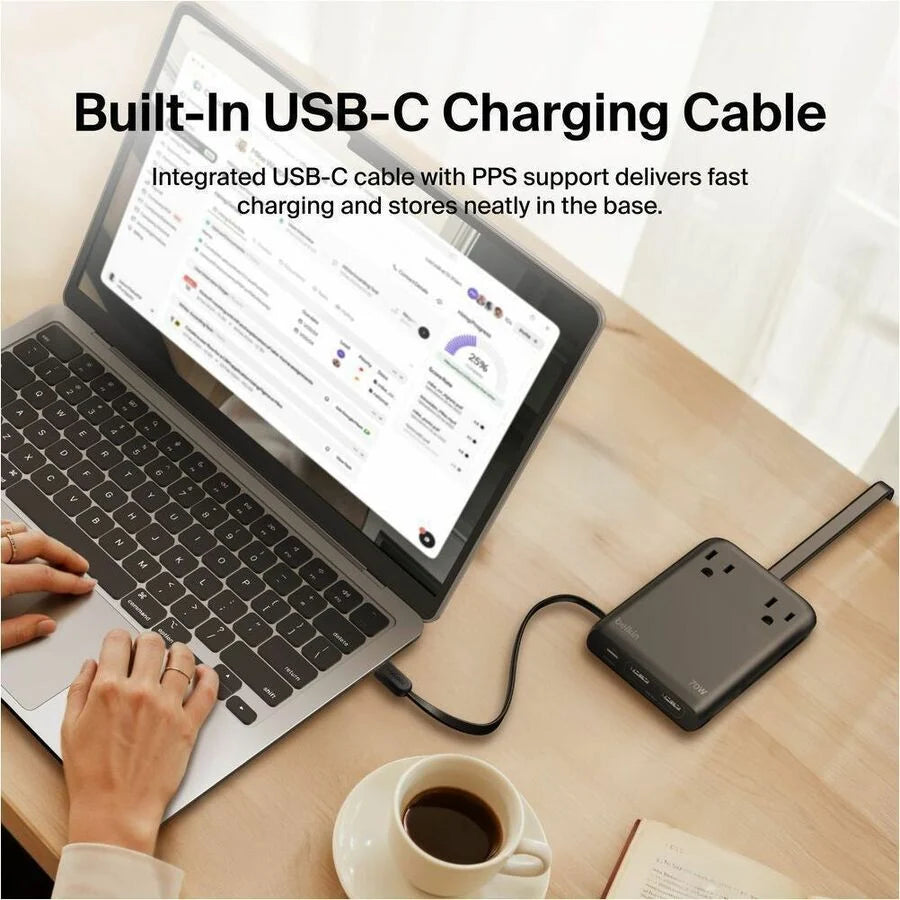 Belkin 2-Outlet Charging Station w/ 2x USB-A, 1x USB-C Ports + Tethered USB-C Cable 70W - 5ft Cord - Black