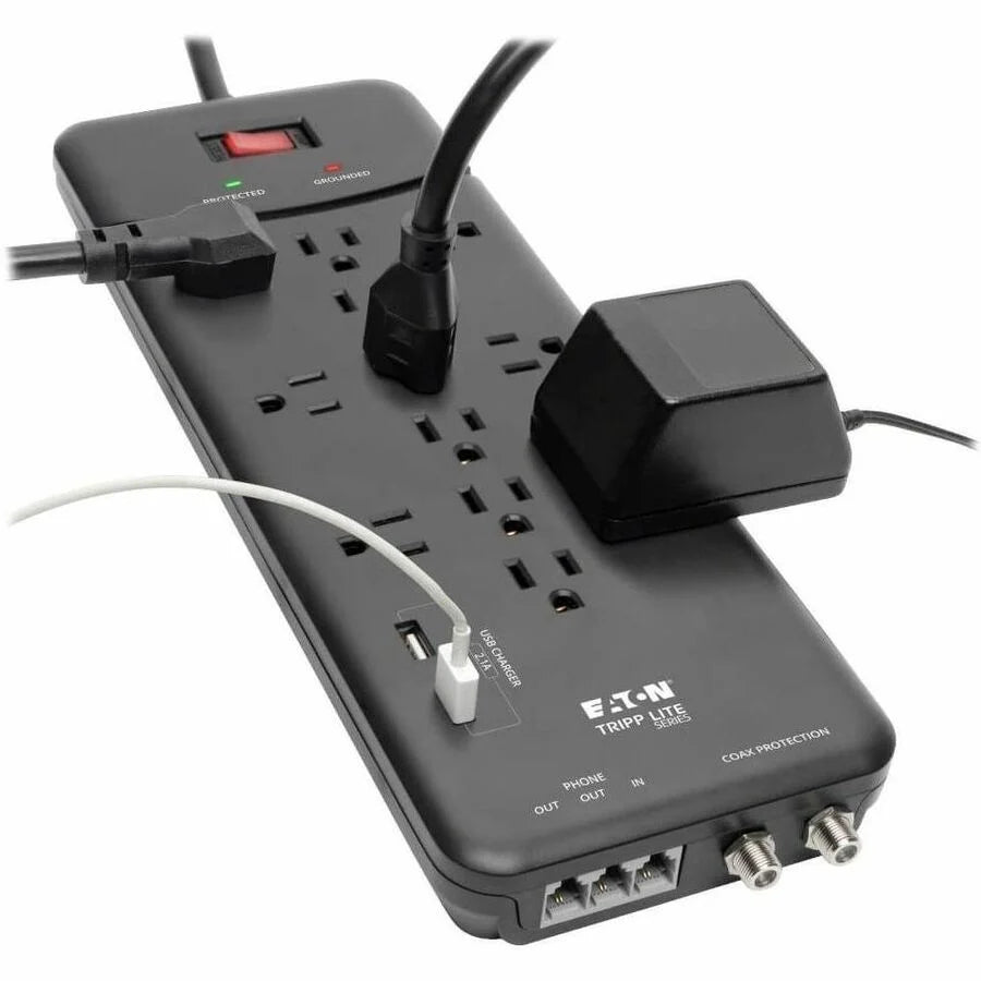 Eaton Tripp Lite Series Protect It! 12-Outlet Surge Protector, 8 ft. (2.43 m) Cord, 4320 Joules, Tel/Modem/Coax Protection, 2 USB Ports, Black