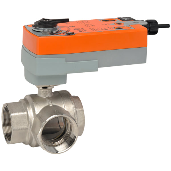 B340L+AFRBUP | Belimo Three Way Ball Valve 1.5 Inch 57 Cv With Spring Return On Off Actuator 24 To 240V