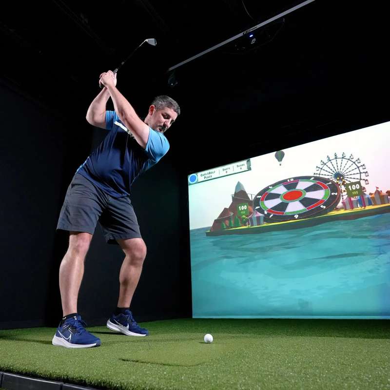 Carl's Place Pro Golf Simulator Enclosure Kit (8'5" × 14'5" × 5') with High‑Contrast Gray Premium Golf Screen