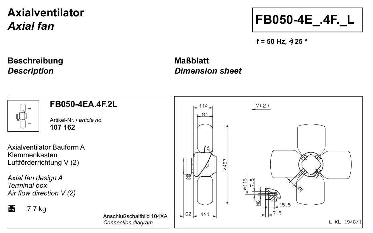 FB050-4EA.4F.2L ZIEHL-ABEGG Axial Fan 230V 0.57kW 2.5A 1240rpm