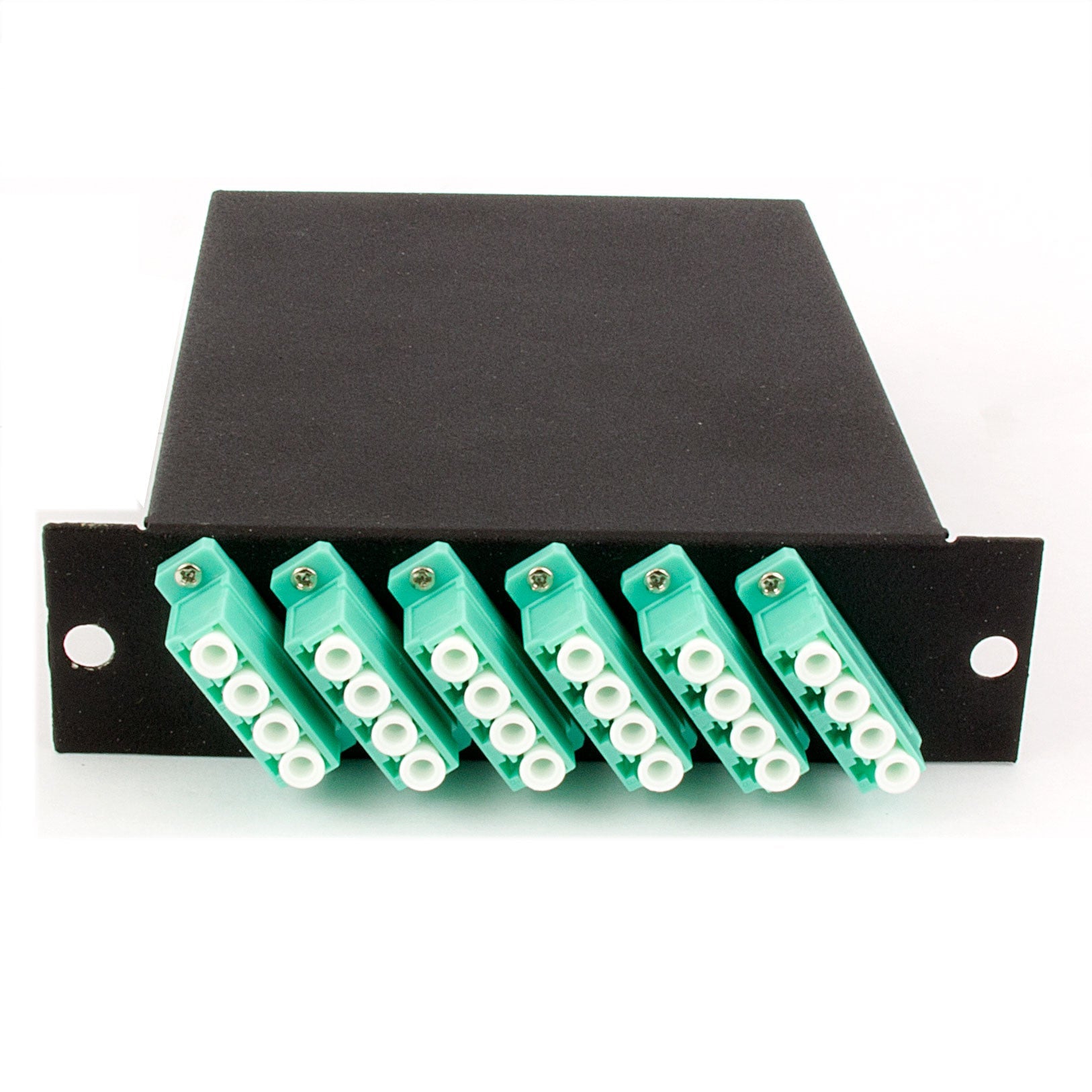 24-fiber MTP Cassette, 50µm OM3 10G Multimode Fiber, 2 rear MTP/female Port, 6 LC Quad Ports Front