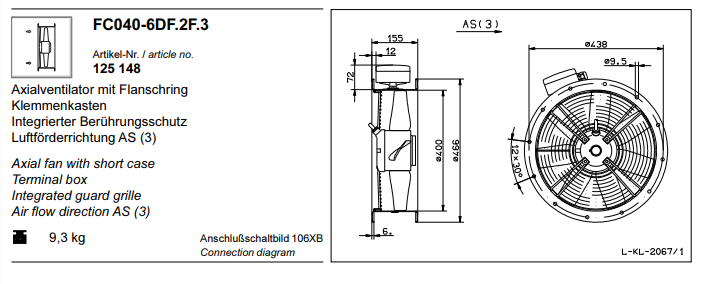 FC040-6DF.2F.3 ZIEHL-ABEGG Axial Fan 300~400V 0.11 kW 0.28A 920 rpm