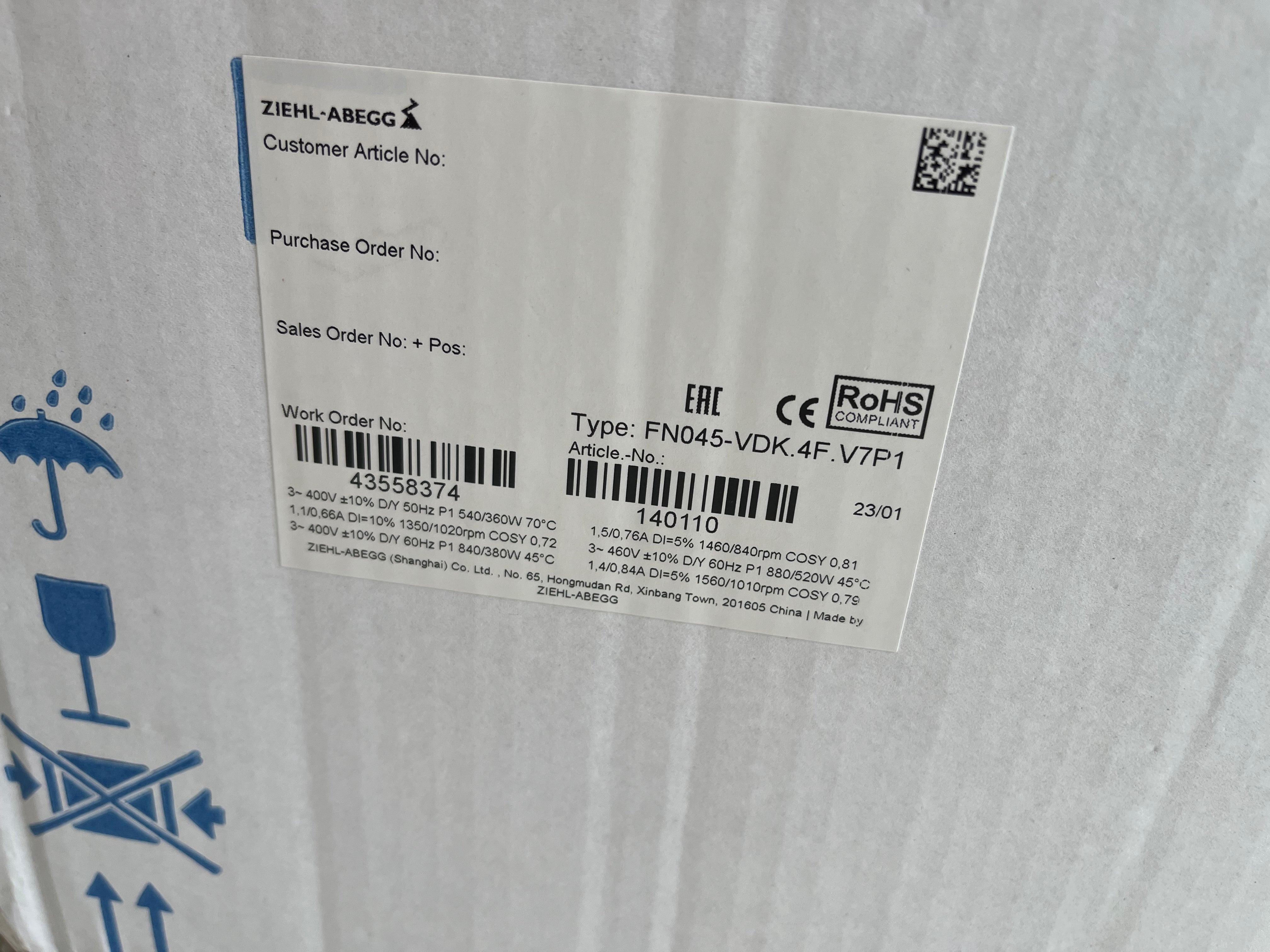FN045-VDK.4F.V7P1 ZIEHL-ABEGG Axial Fan 400V 0.36/0.88kW 0.66/1.40A 1020/1560rpm