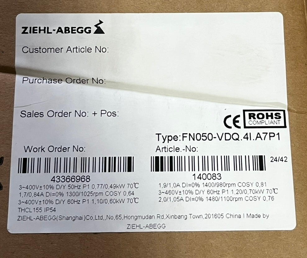 FN050-VDQ.4I.A7P1(Art:140083) ZIEHL-ABEGG Axial Fan 400V 0.83/0.55kW 1.45/0.97A 1330/940rpm