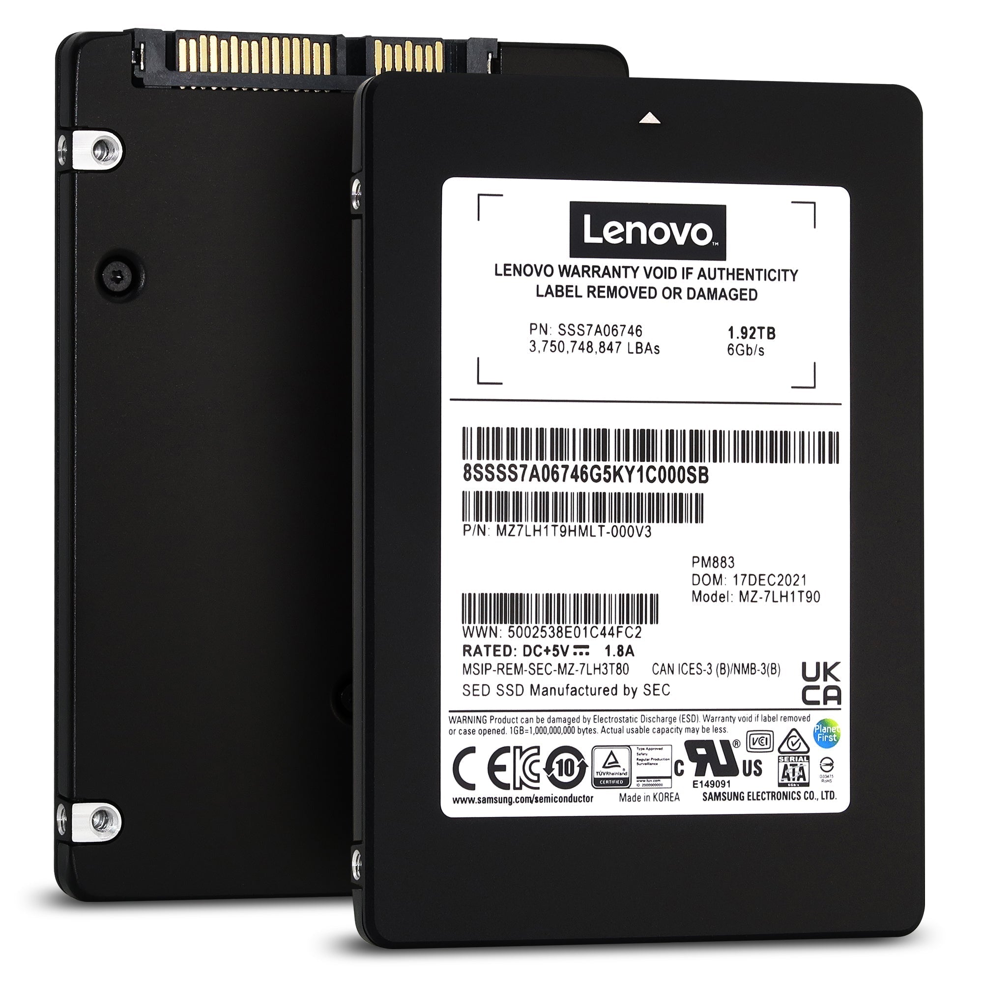 Lenovo / Samsung PM883 MZ7LH1T9HMLT SSS7A06746 1.92TB SATA 6Gb/s 3D TLC 1.3DWPD 2.5in Recertified Solid State Drive