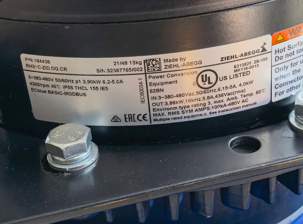 GR31C-ZID.DG.CR ZIEHL-ABEGG Centrifugal Fan | 4200 RPM 3.9kW | High-Speed Industrial Fan