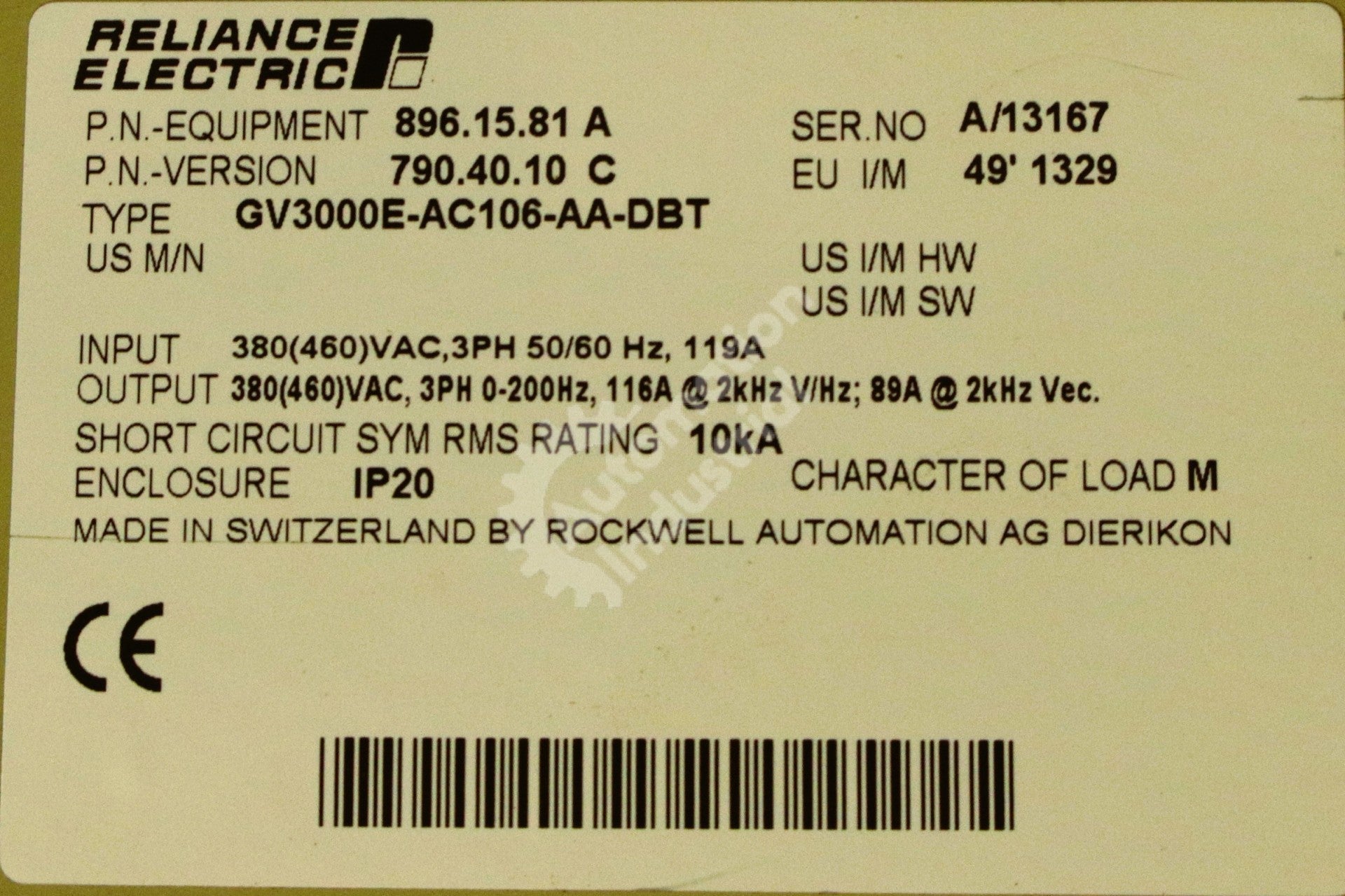 GV3000E-AC106-AA-DBT by Reliance Electric 896.15.81 3 Phase 460V AC Drive GV3000
