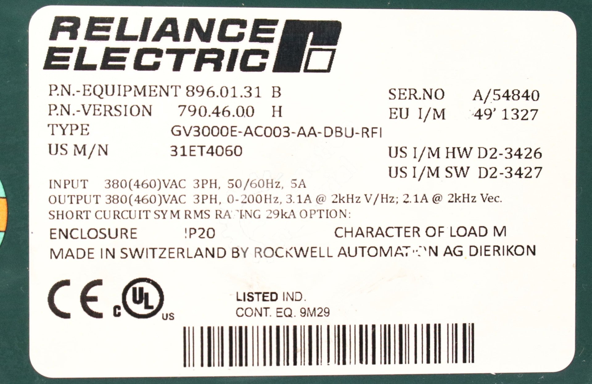 GV3000E-AC003-AA-DBU-RFI by Reliance 31ET4060 GV3000 New Surplus Factory Package