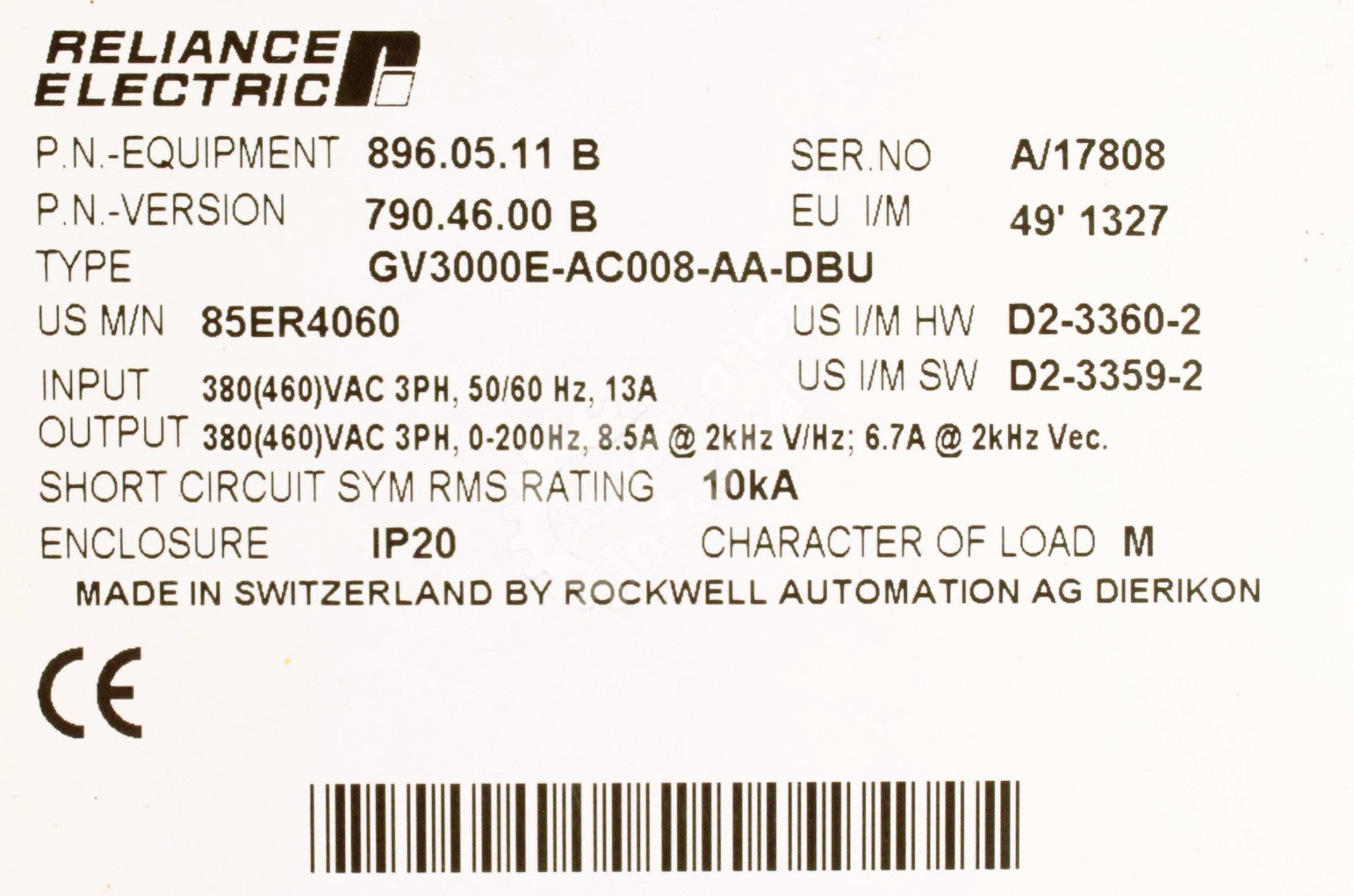 GV3000E-AC008-AA-DBU By Reliance Electric 85ER4060 5HP 460V Drive GV3000 New Surplus Factory Package