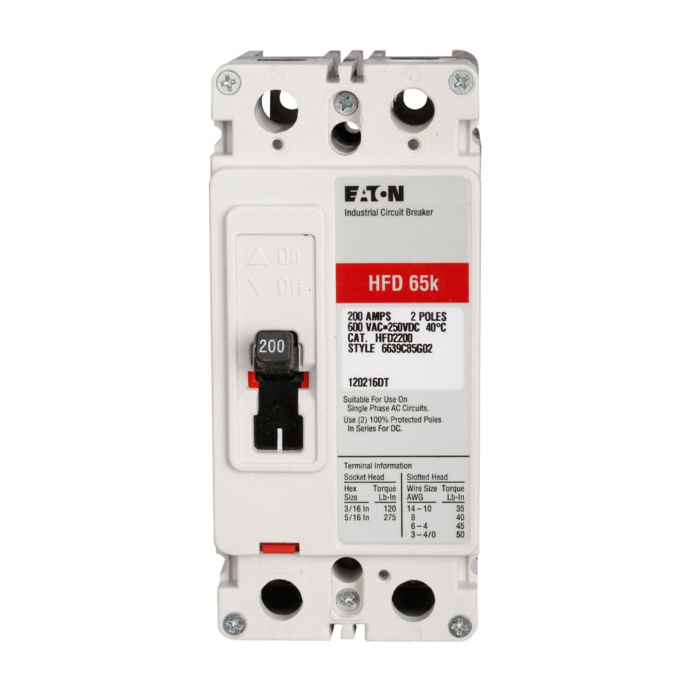 HFD2175 | Eaton 175A 2-Pole 600V Series C F-Frame Thermal Magnetic Molded Case Circuit Breaker