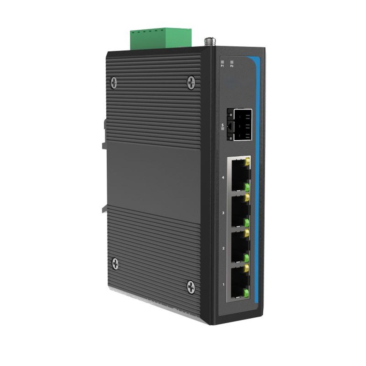 HGW-401S-PSE - 4x RJ45 +1x SFP ports Gigabit Ethernet Industrial fiber switch with 120W of PoE+ budget, DIN rail mount, -40 to +75 Celsius