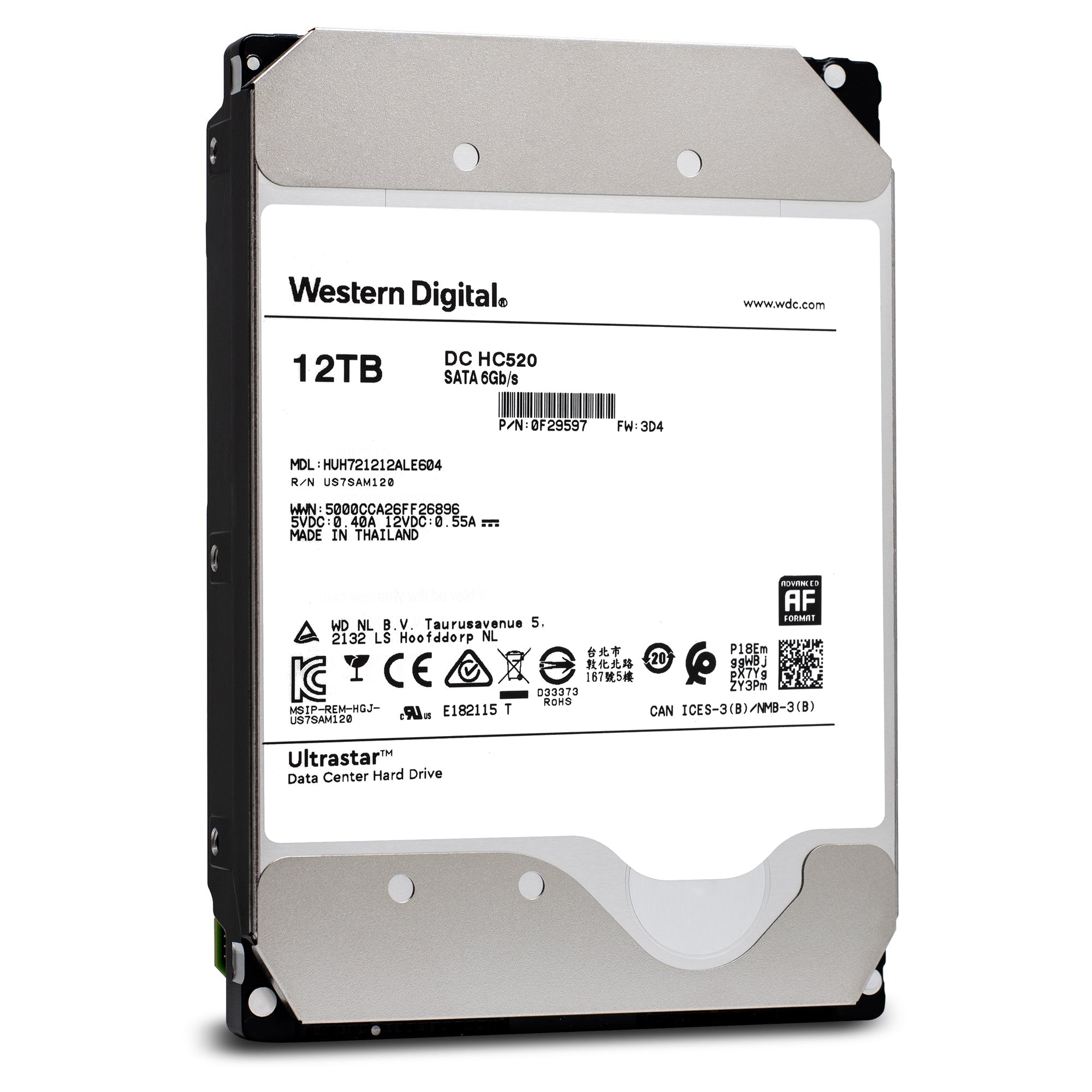 Western Digital Ultrastar DC HC520 HUH721212ALE604 0F29597 12TB 7.2K RPM SATA 6Gb/s 512e SE Power Disable Pin 3.5in Refurbished HDD