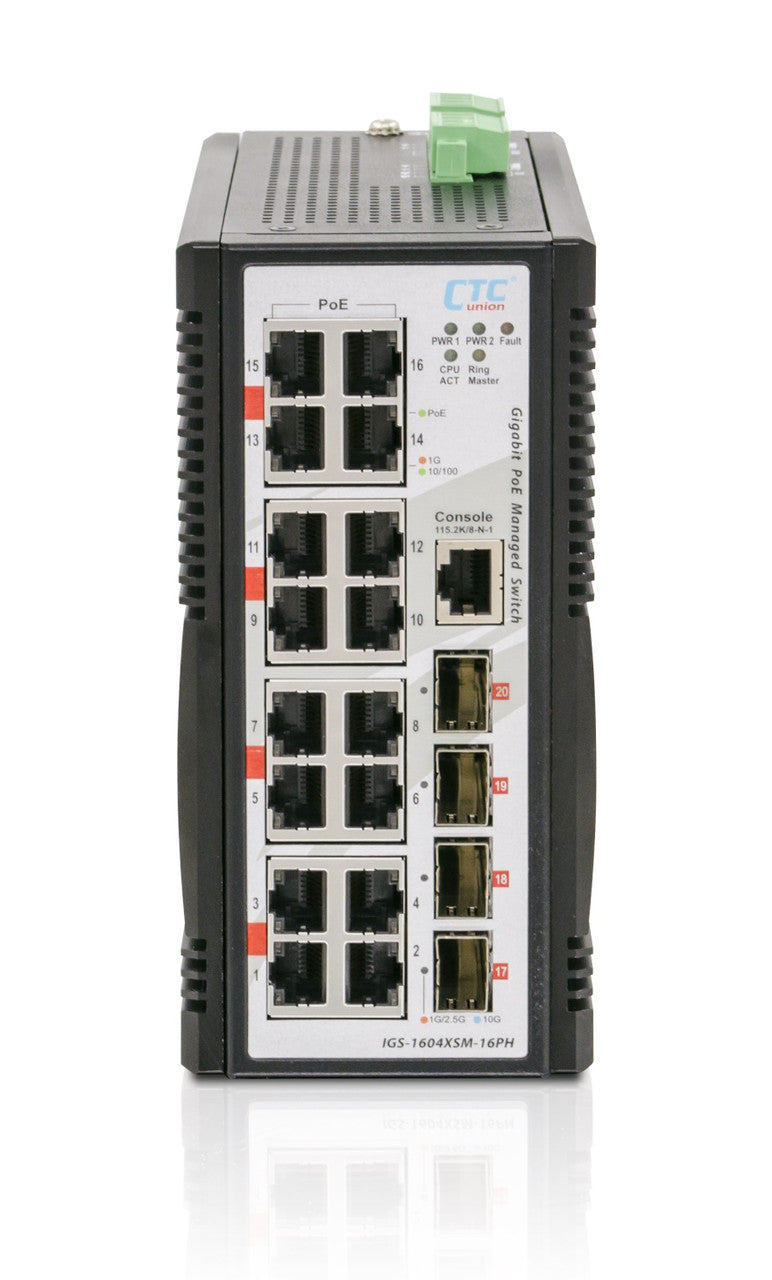IGR-1604XSM-16PH - 16 copper + 4x 1G/2.5G/10G SFP+ port SNMP/web-managed Layer 3 Ethernet Industrial switch, PoE 300W