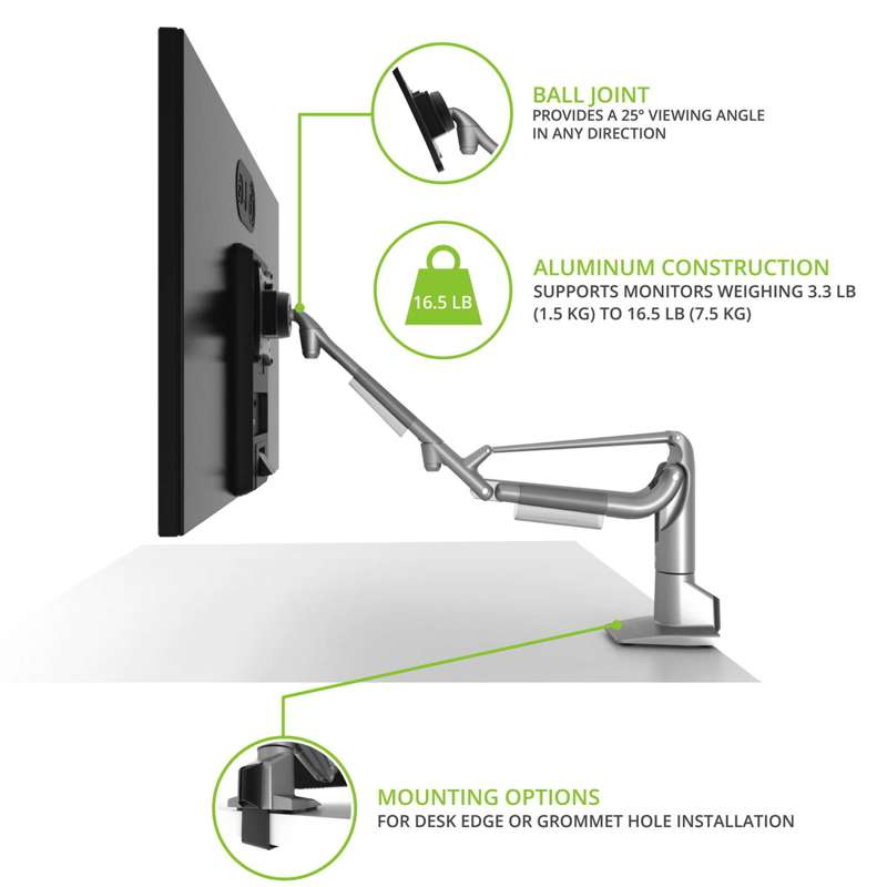 Kanto Single-Monitor Gas Shock Desktop Mount for 17-inch to 32-inch Displays - Silver