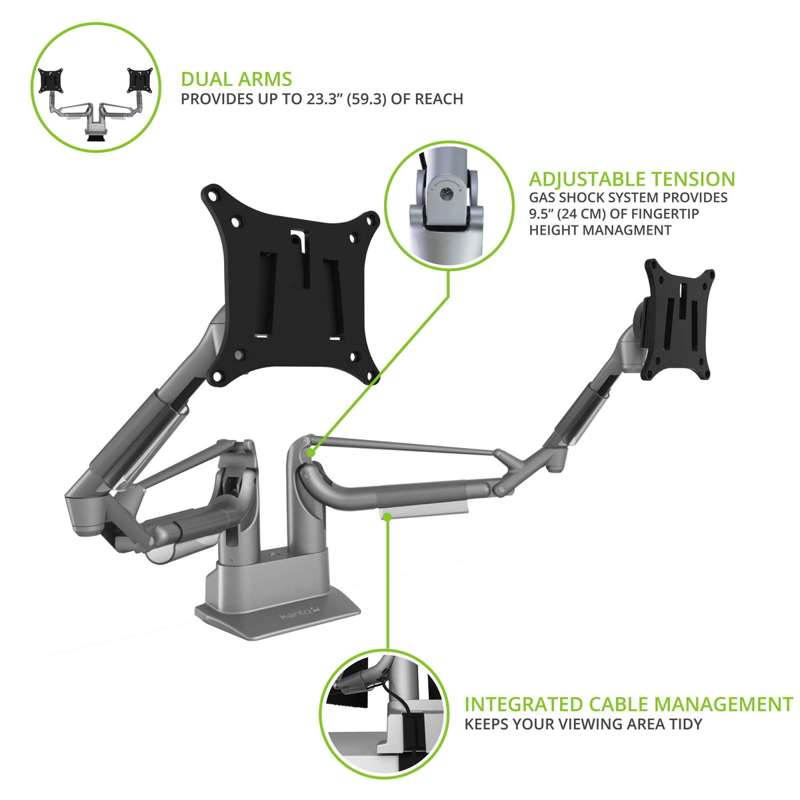 Kanto Dual-Monitor Gas Shock Desktop Mount for 17-inch to 32-inch Displays - Silver