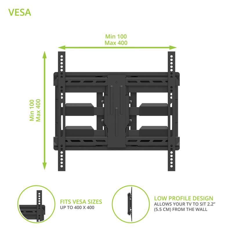 Kanto Full-Motion Metal Stud TV Mount with SNAPTOGGLE Heavy-Duty Toggle Bolts for 34" to 65" TVs - Black