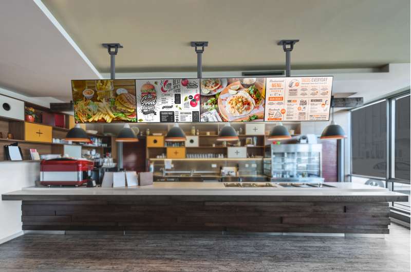 Kanto Menu Board Ceiling Mount System with Tilting Arms for 40-Inch to 60-Inch TVs (4 wide, 1 high, 1 sided)