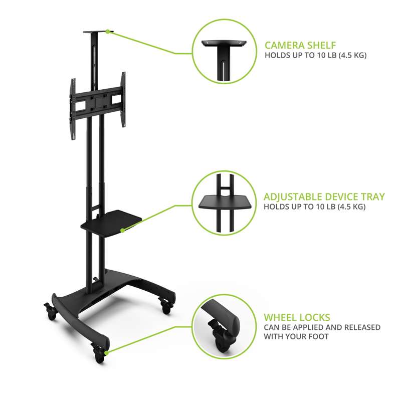Kanto Rolling TV Stand for 37-inch to 65-inch TVs and Interactive Displays - Black