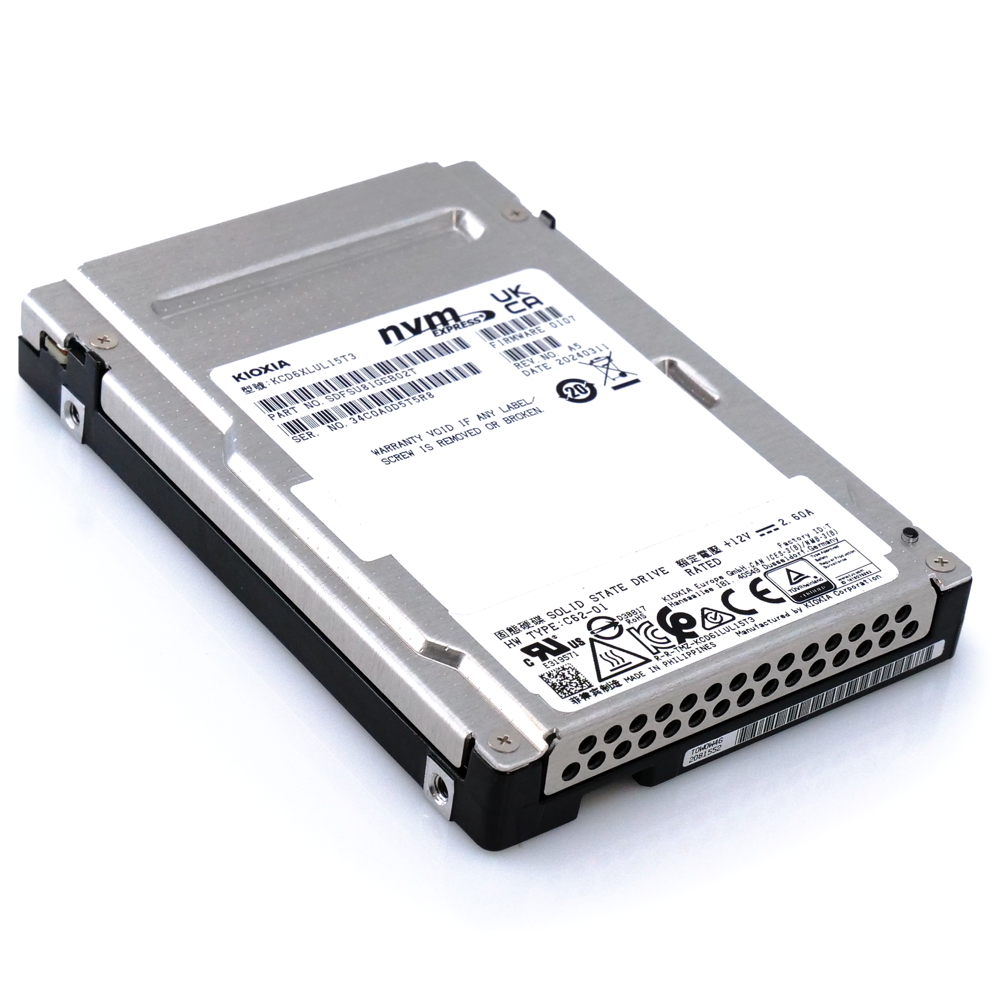 Kioxia CD6-R KCD6XLUL15T3 15.36TB PCIe Gen 4.0 X4 8GB/s 3D TLC 1 DWPD U.3 NVMe 2.5in Enterprise Solid State Drive