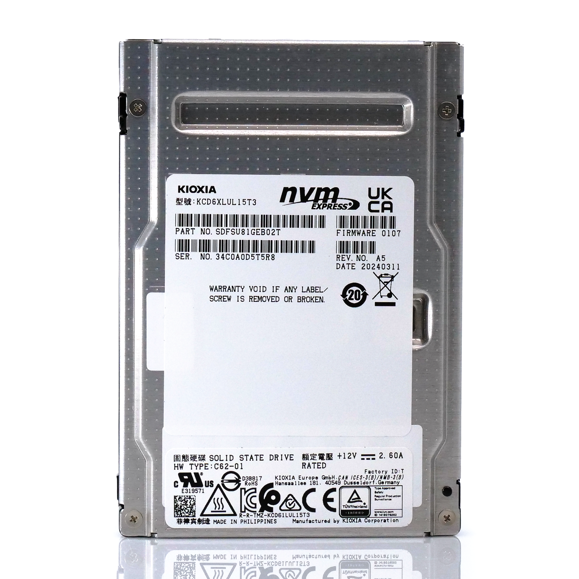 Kioxia CD6-R KCD6XLUL15T3 15.36TB PCIe Gen 4.0 X4 8GB/s 3D TLC 1 DWPD U.3 NVMe 2.5in Enterprise Solid State Drive