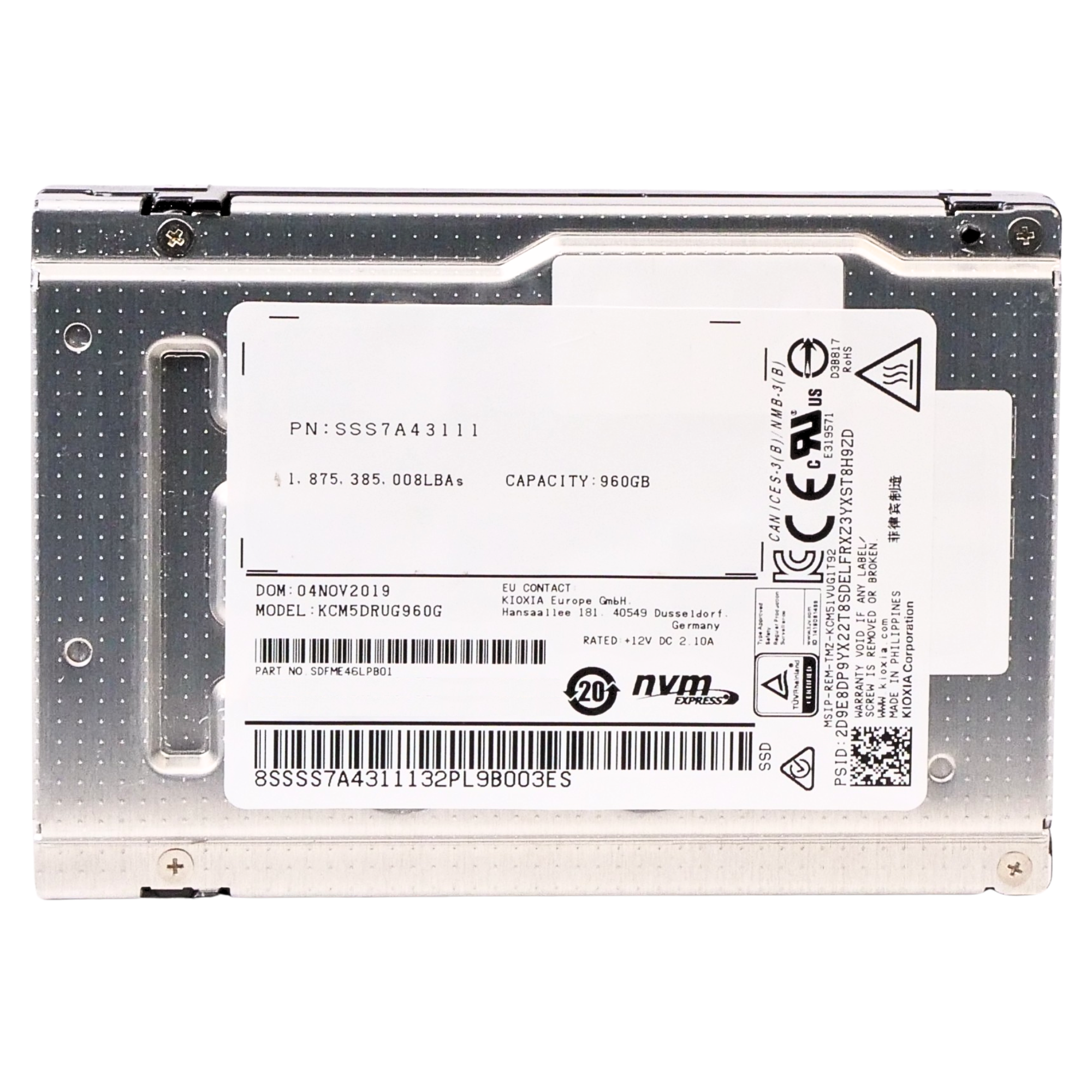 Kioxia CM5-R KCM5DRUG960G 960GB 1 DWPD PCIe Gen 3.0 x4 4GB/s 3D TLC U.2 NVMe 2.5in Refurbished SSD