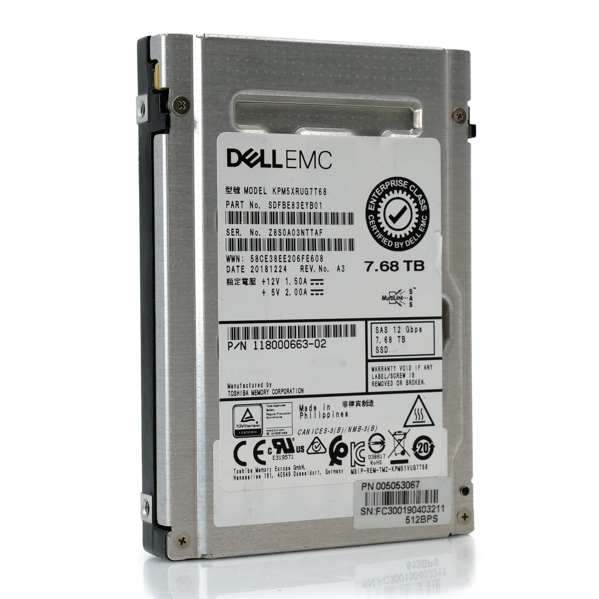 Dell/Kioxia PM5-R KPM5XRUG7T68 7.68TB SAS 12Gb/s 2.5in Refurbished SSD