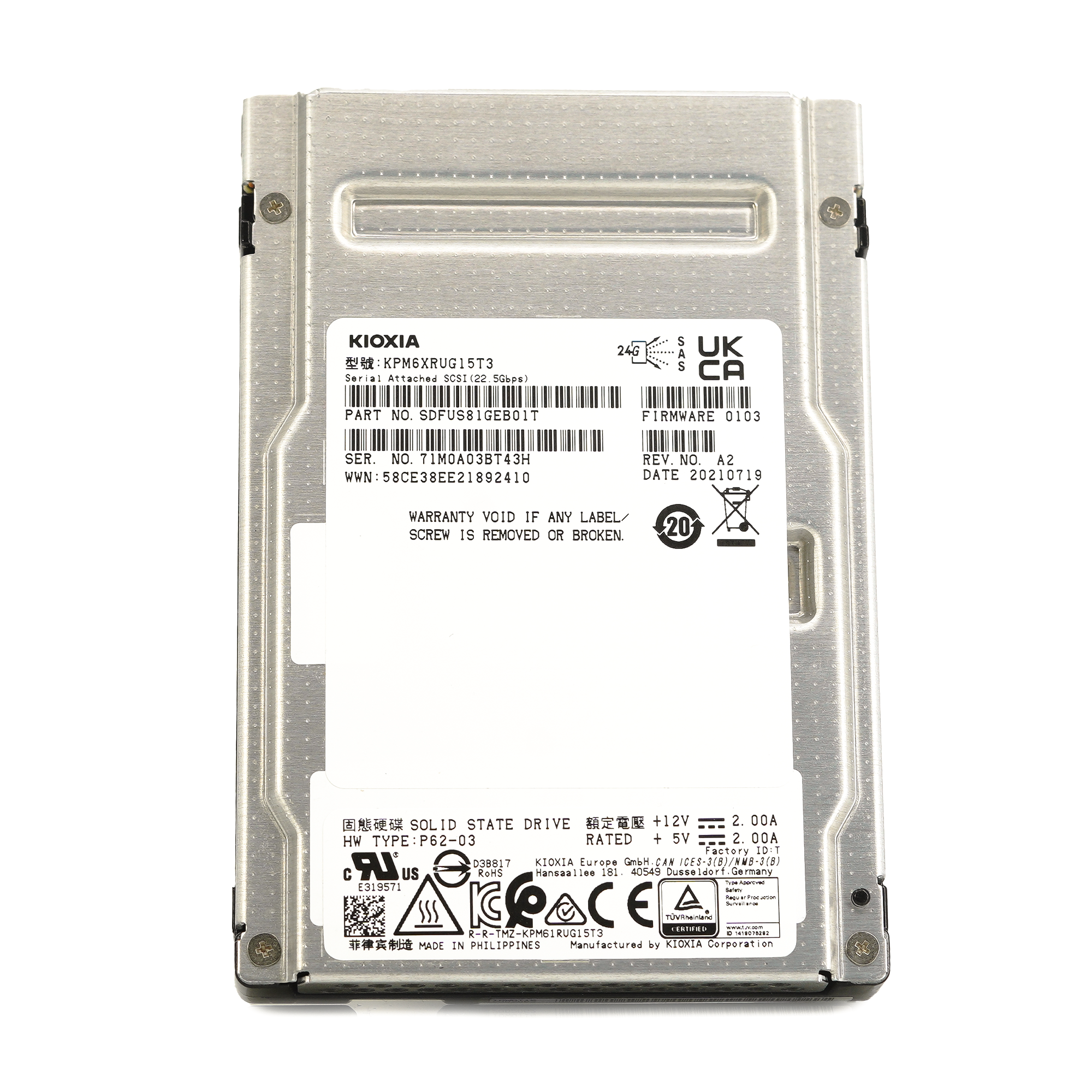Kioxia PM6-R KPM6XRUG15T3 15.36TB SAS 24Gb/s 1DWPD SIE 2.5in Refurbished SSD