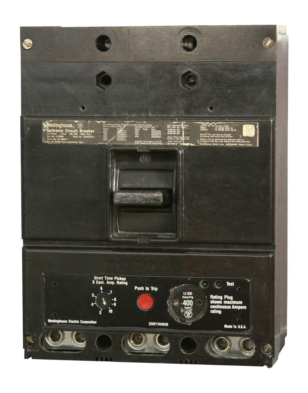 Westinghouse LC3600F Molded Case Circuit Breaker Frame 600 Ampere 3 Pole 600 Volt AC Panel Mount