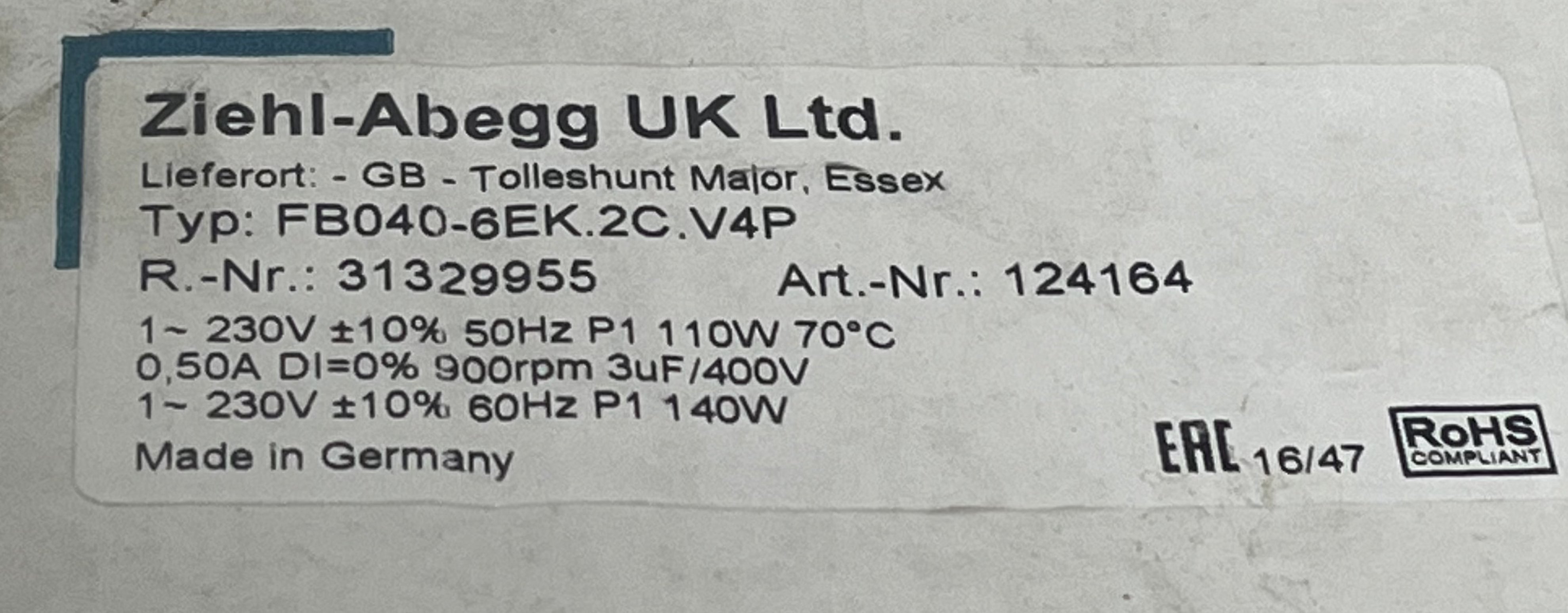 FB040-6EK.2C.V4P ZIEHL-ABEGG Axial Fan  230V 0.2kW 0.94A 1410rpm