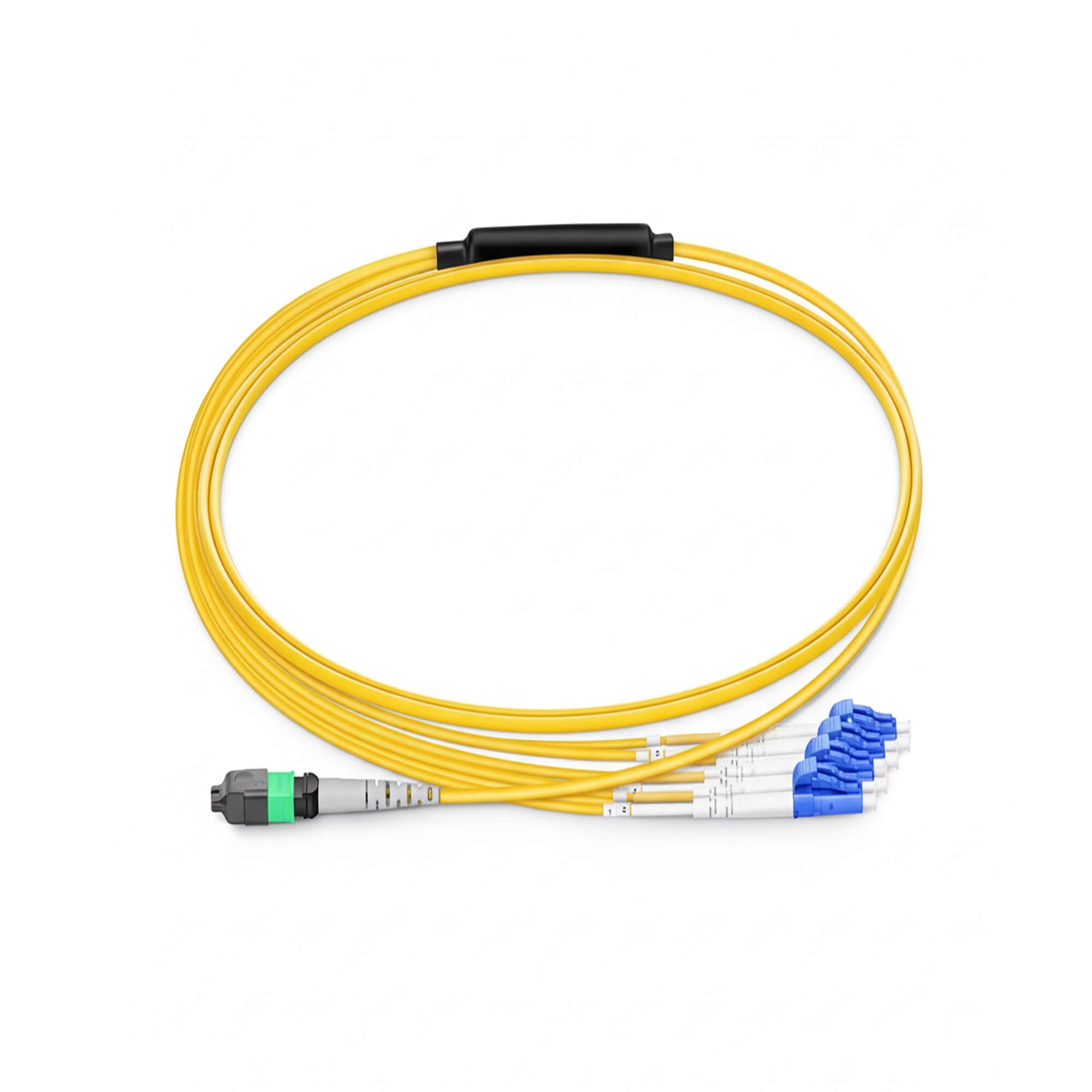 NSComm MPO 12F APC to 4xLC UPC Duplex Harness Cables, 8 Fibers, Singlemode (OS2, G.657.A1), OFNR, Crossover