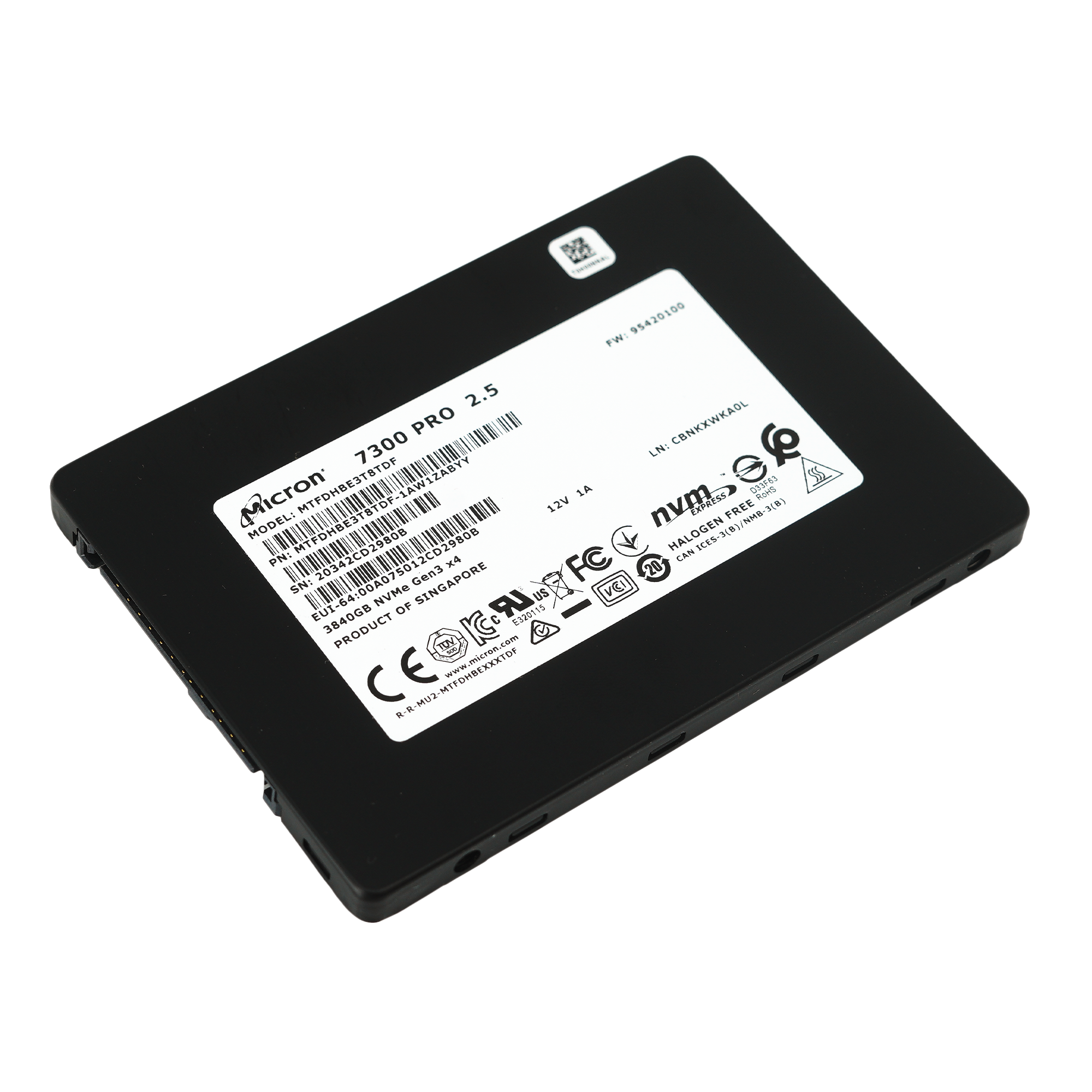 Micron 7300 Pro MTFDHBE3T8TDF-1AW1ZABYY 3.84TB PCIe Gen 3.0 x4 4GB/s 3D TLC U.2 2.5in Solid State Drive