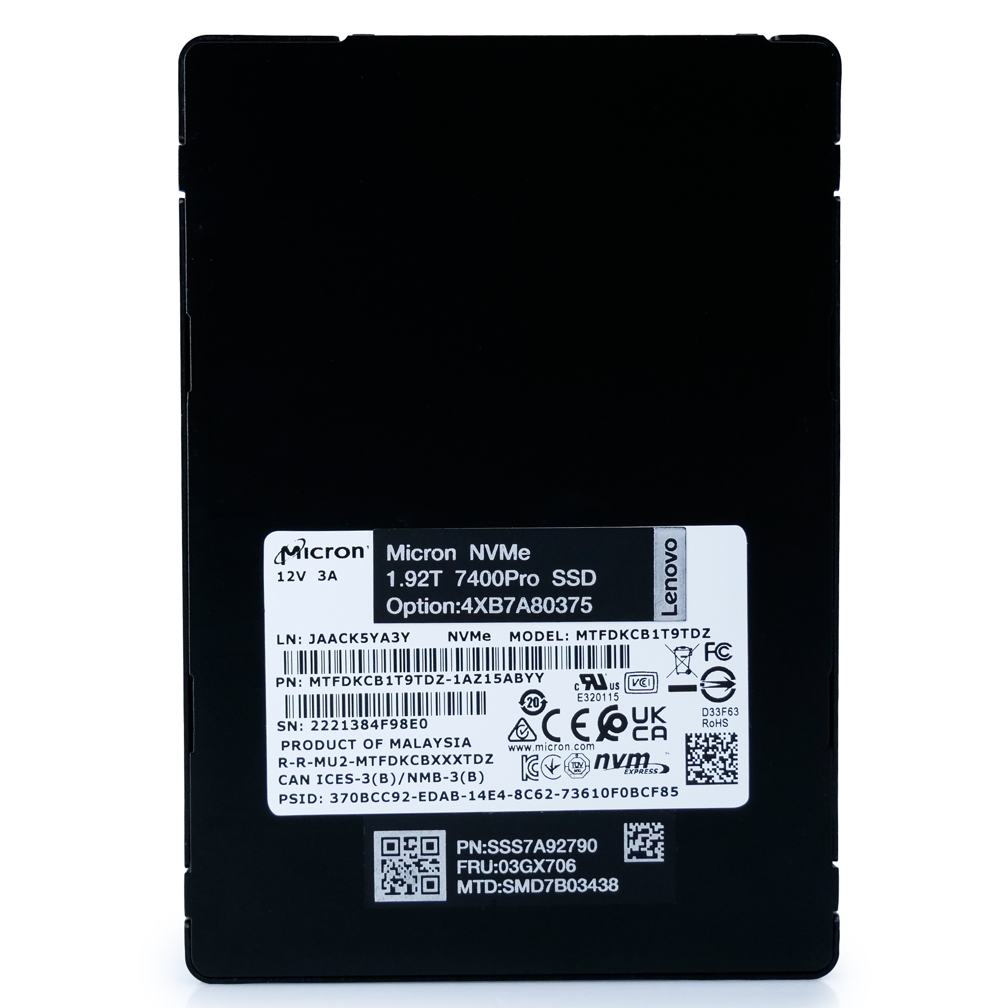 Micron/Lenovo 7400 Pro MTFDKCB1T9TDZ 1.92TB U.3 8GB/s Mixed Use 3D TLC NVMe 2.5in Enterprise Solid State Drive