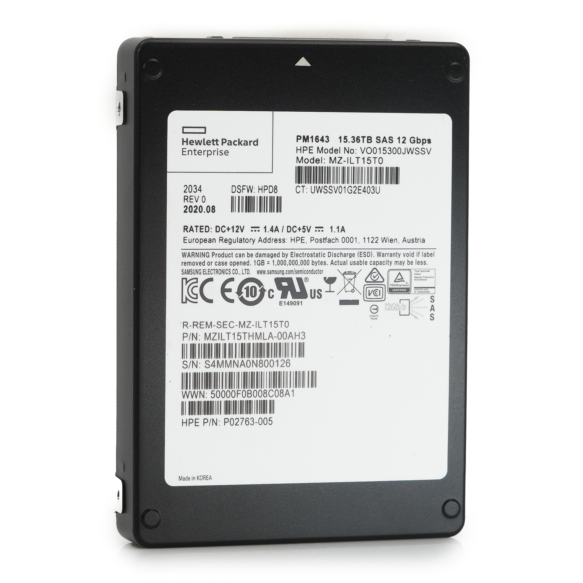 HPE / Samsung PM1643 MZILT15THMAL 15.36TB SAS 12Gb/s 3D TLC 2.5in Recertified Solid State Drive
