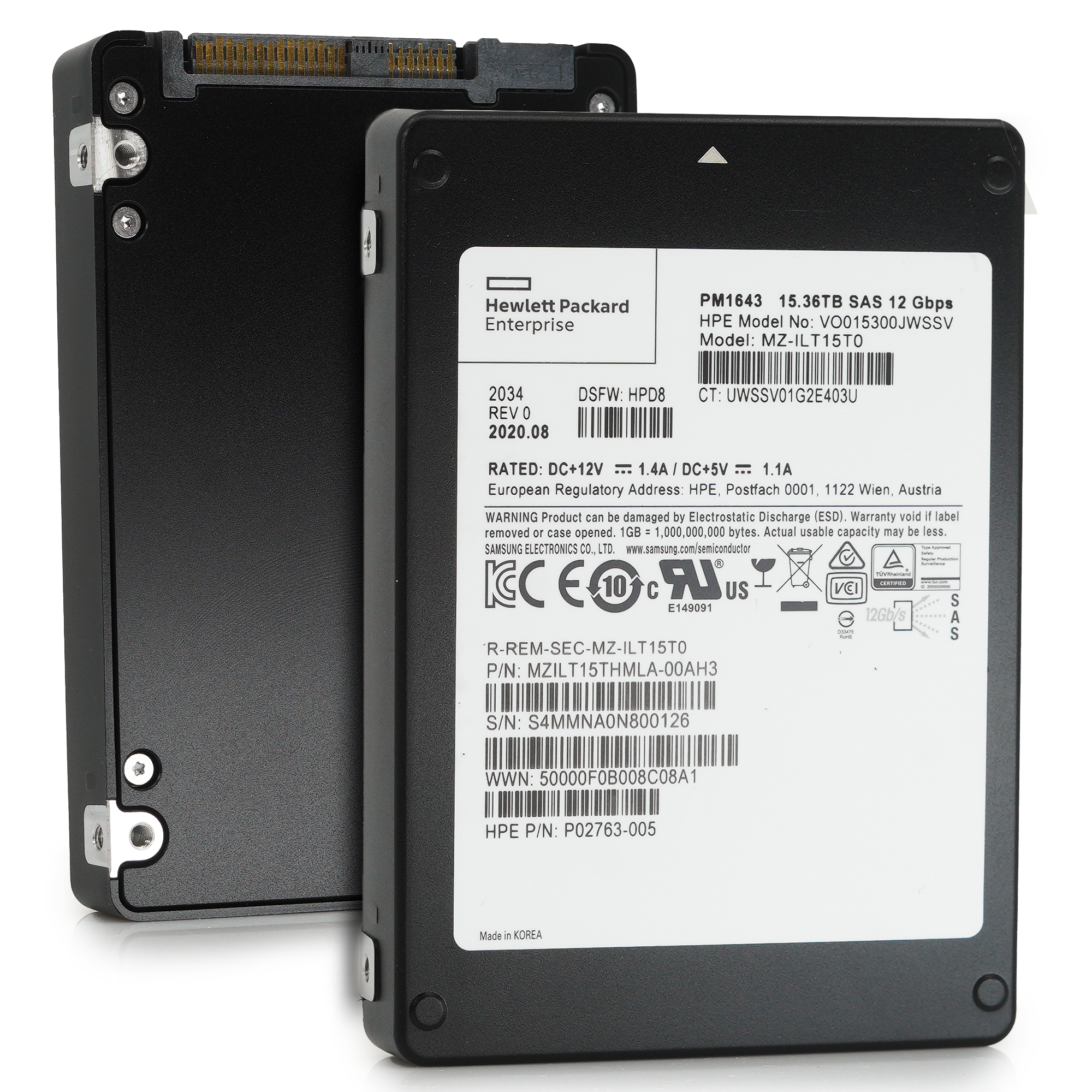 HPE / Samsung PM1643 MZILT15THMAL P02763-005 15.36TB SAS 12Gb/s 3D TLC 2.5in Solid State Drive