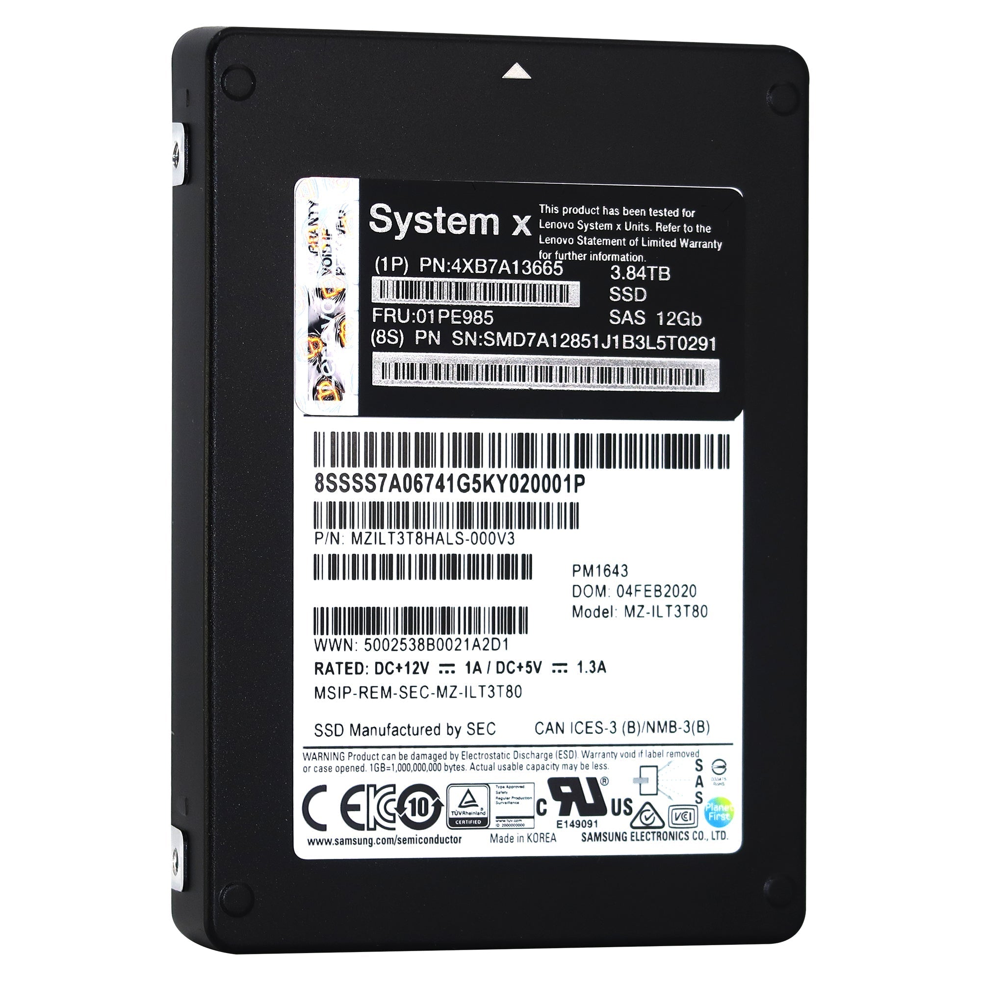 Samsung/Lenovo PM1643 MZILT3T8HALS MZ-ILT3T80 3.84TB SAS 12Gb/s 3D TLC 2.5in Solid State Drive