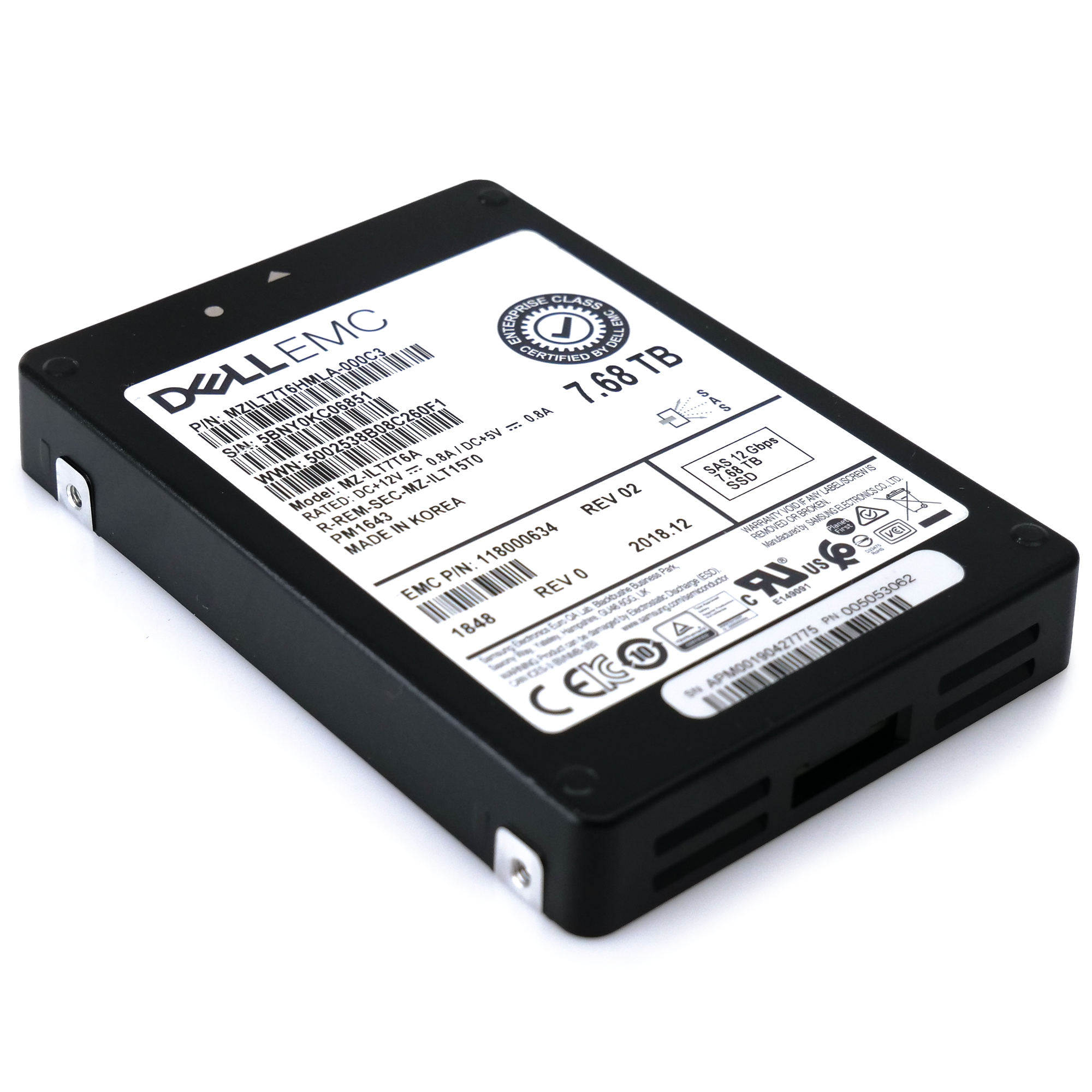 Samsung / Dell PM1643 MZILT7T6HMLA MZ-ILT7T6A 7.68TB SAS 12Gb/s 512e 1DWPD 2.5in Recertified Solid State Drive