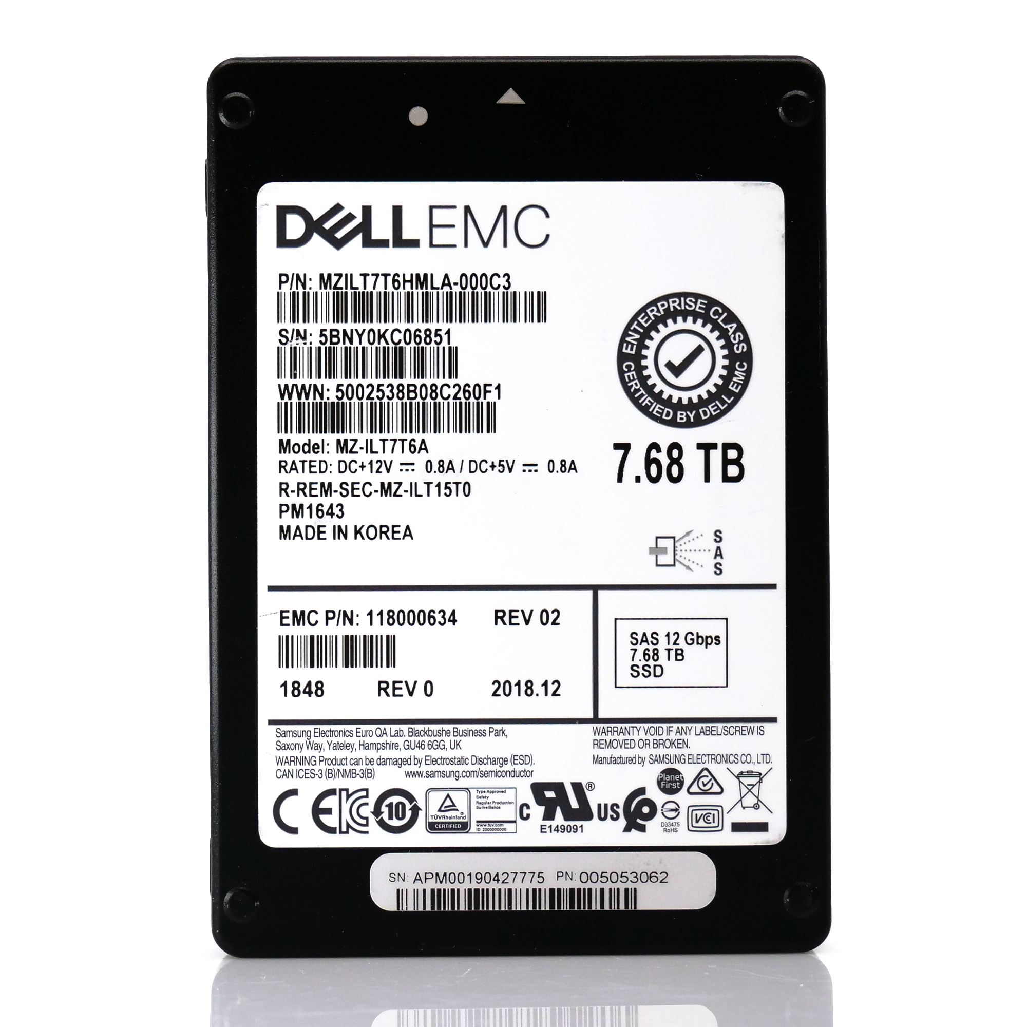 Dell/Samsung PM1643 MZILT7T6HMLA MZ-ILT7T6A 7.68TB SAS 12Gb/s 512e 1 DWPD 2.5in Refurbished SSD