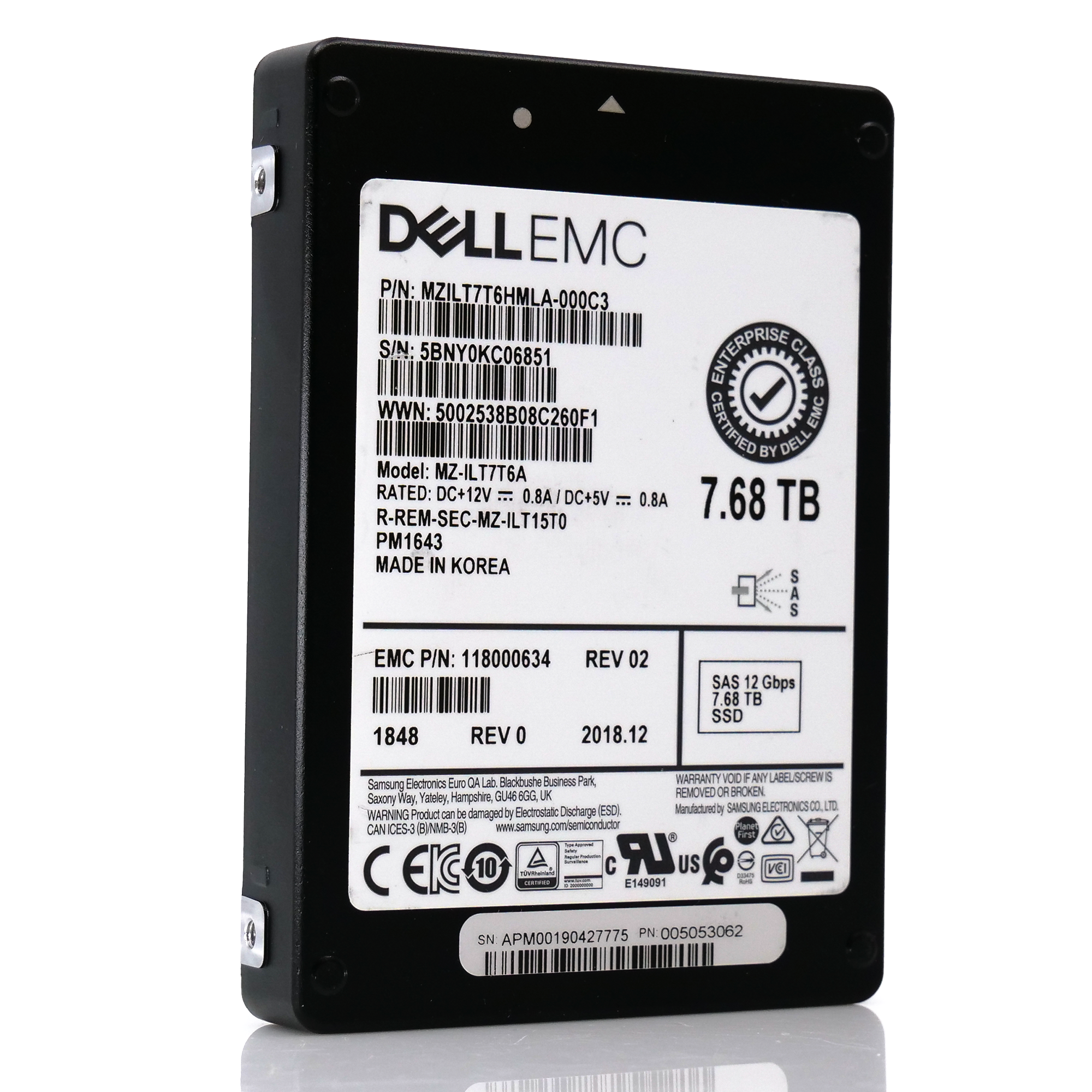 Samsung / Dell PM1643 MZILT7T6HMLA MZ-ILT7T6A 7.68TB SAS 12Gb/s 512e 1DWPD 2.5in Recertified Solid State Drive
