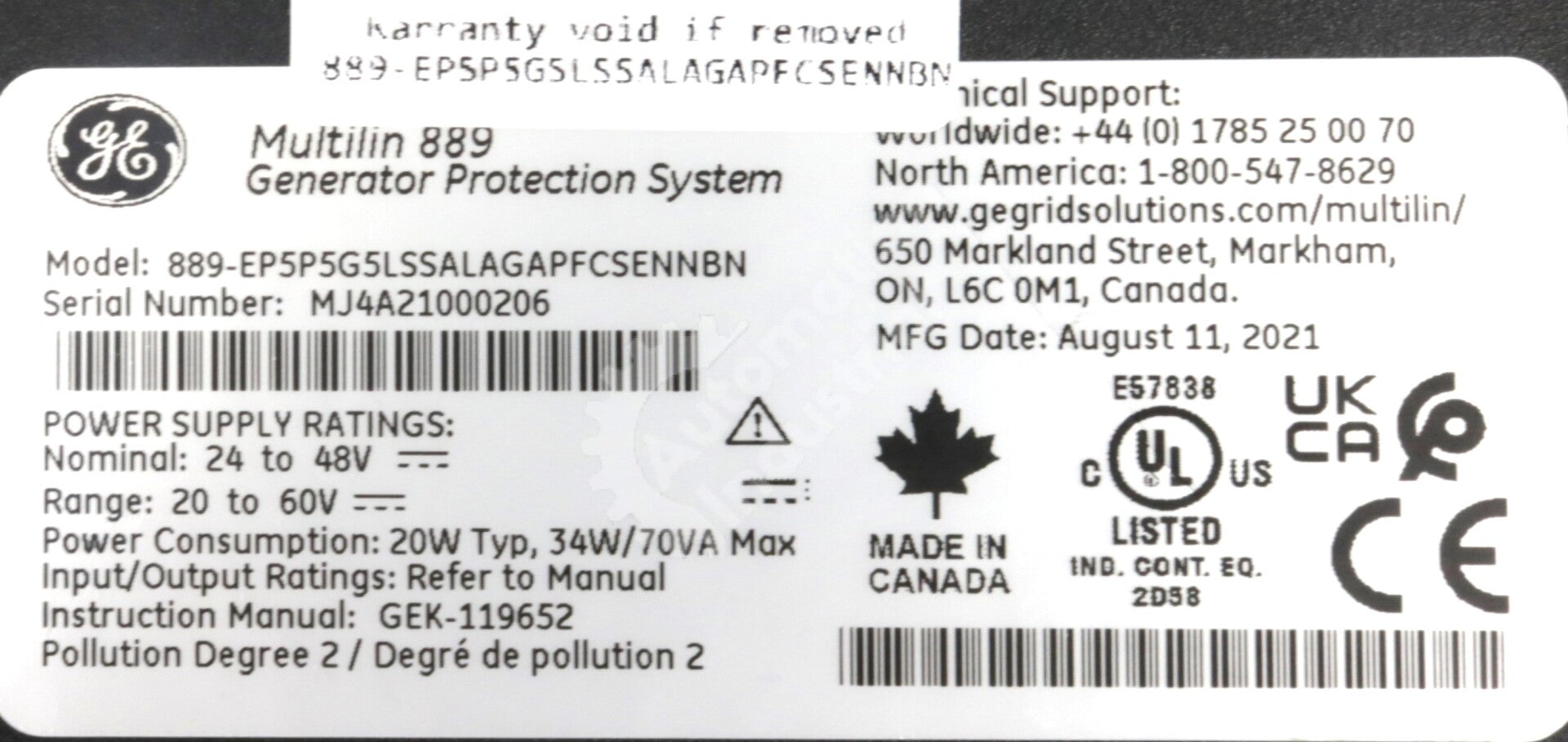 889-EP5P5G5LSSALAGAPFCSENNBN By GE Multilin Generator Protection System NSNB
