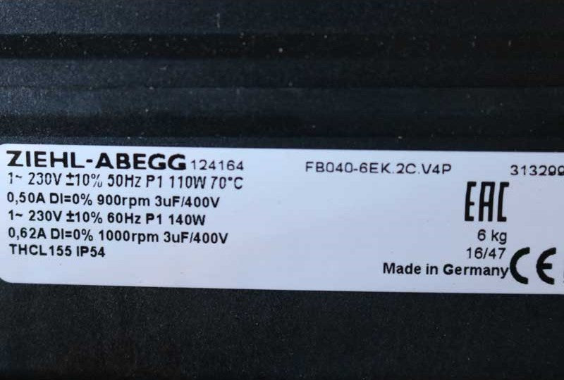 FB040-6EK.2C.V4P ZIEHL-ABEGG Axial Fan  230V 0.2kW 0.94A 1410rpm