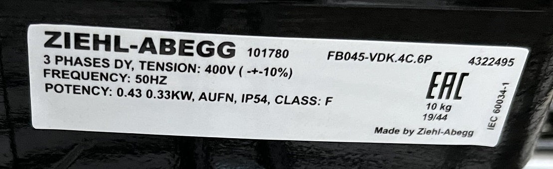 FB045-VDK.4C.6P ZIEHL-ABEGG Axial Fan 3~400V 0.42/0.33kW 0.81/0.54A 1380/1100rpm 50/60Hz