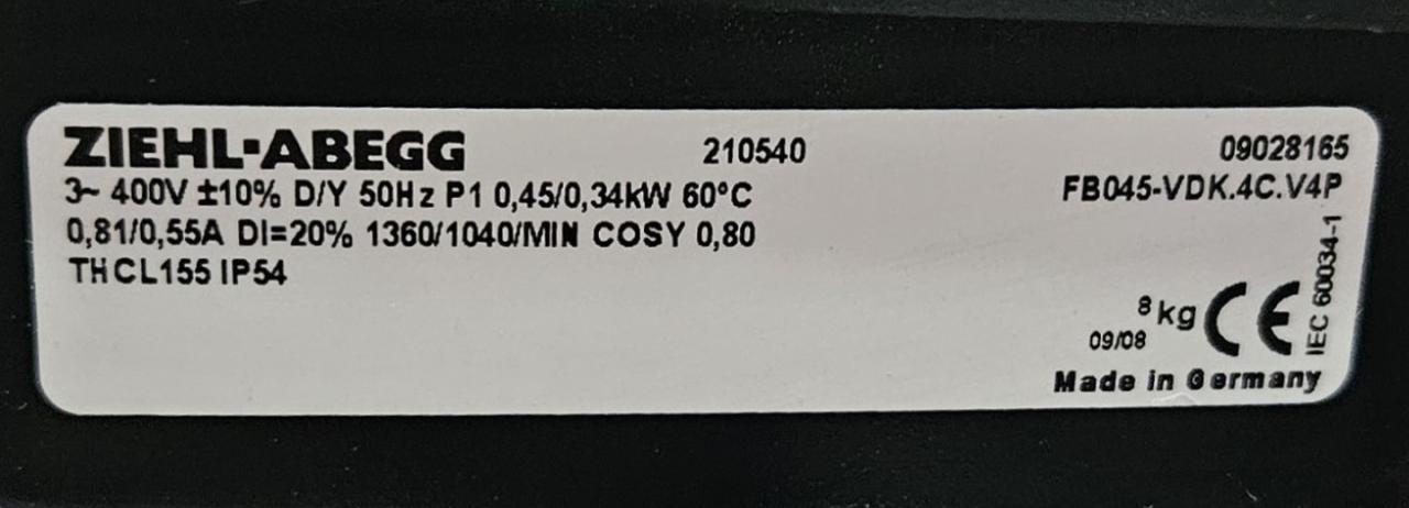 FB045-VDK.4C.V4P  ZIEHL-ABEGG Axial Fan 400V 0,45/0,34kW 0.81/0.55A 1360/1040rpm