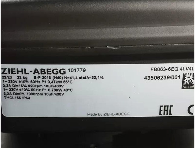 FB063-6EQ.4I.V4L  ZIEHL-ABEGG Axial Fan 0.47/0.73kW 230V 2.3/3.2A 920/1030rpm