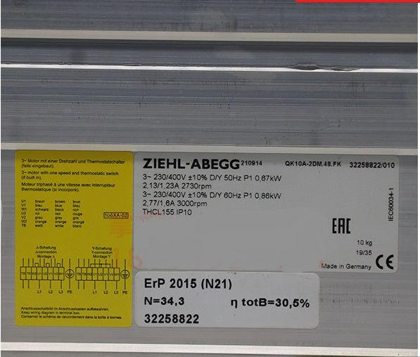 QK10A-2EM.48.FK ZIEHL-ABEGG Crossflow fan 230V 0.73/0.67kW 2.9/3.2A 2620/2810rpm