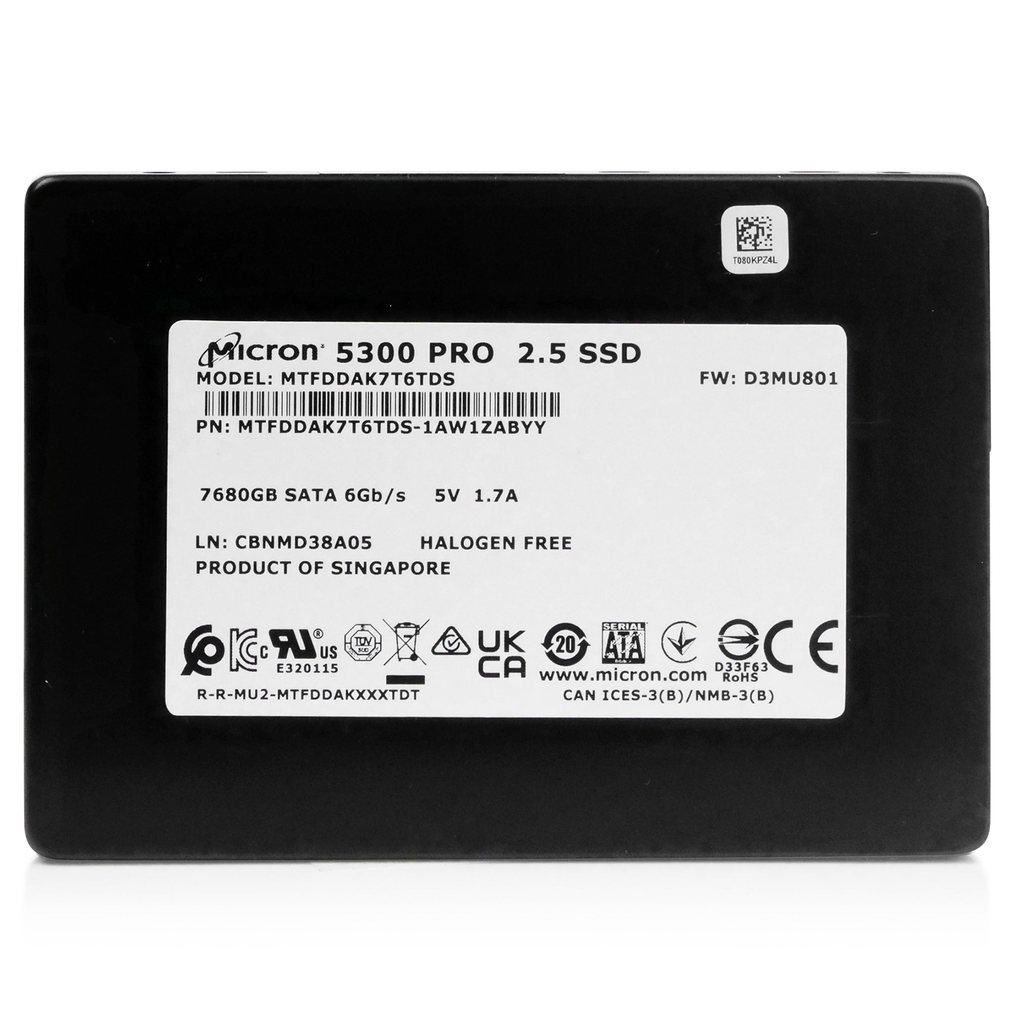 Micron 5300 PRO MTFDDAK7T6TDS-1AW1ZABYY 7.68TB SATA 6Gb/s 3D TLC 2.5in Solid State Drive